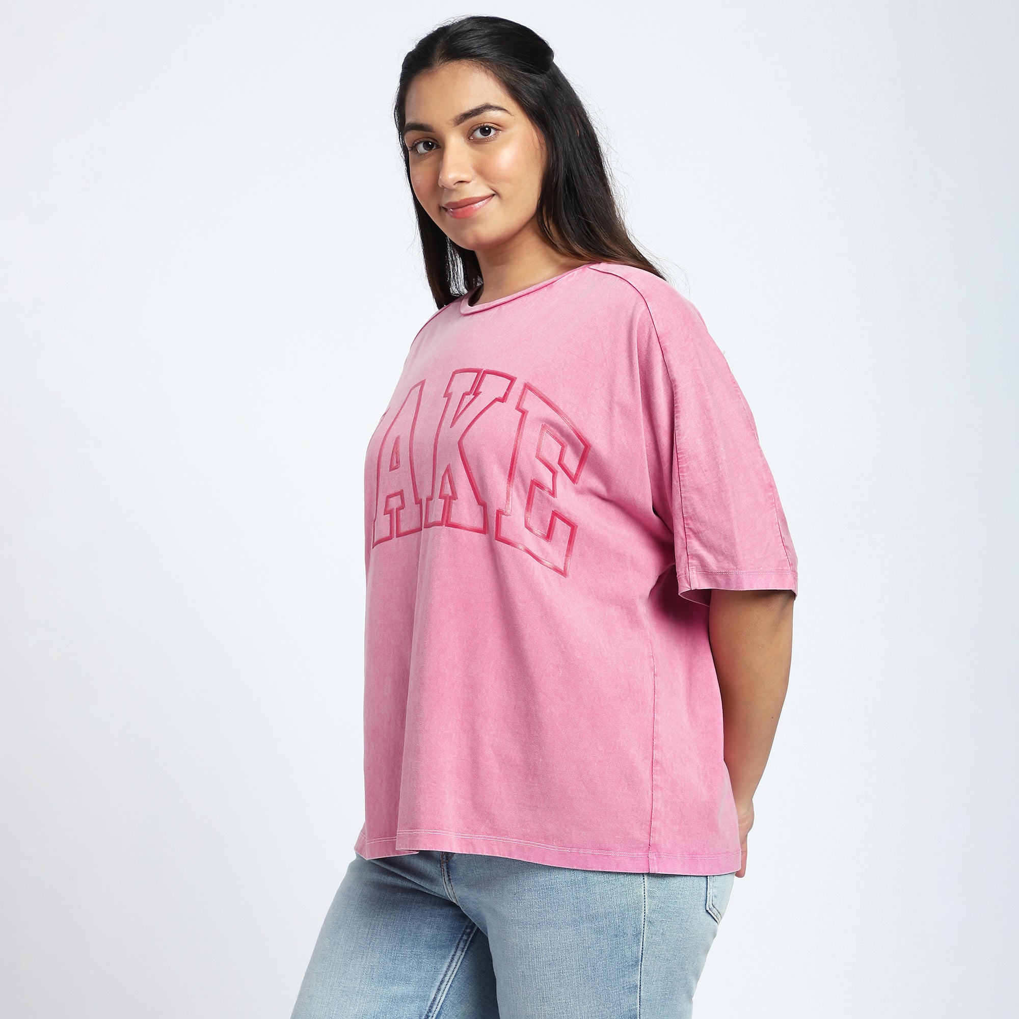 Plus Size Pink Stone Wash T-Shirt with Chest Print
