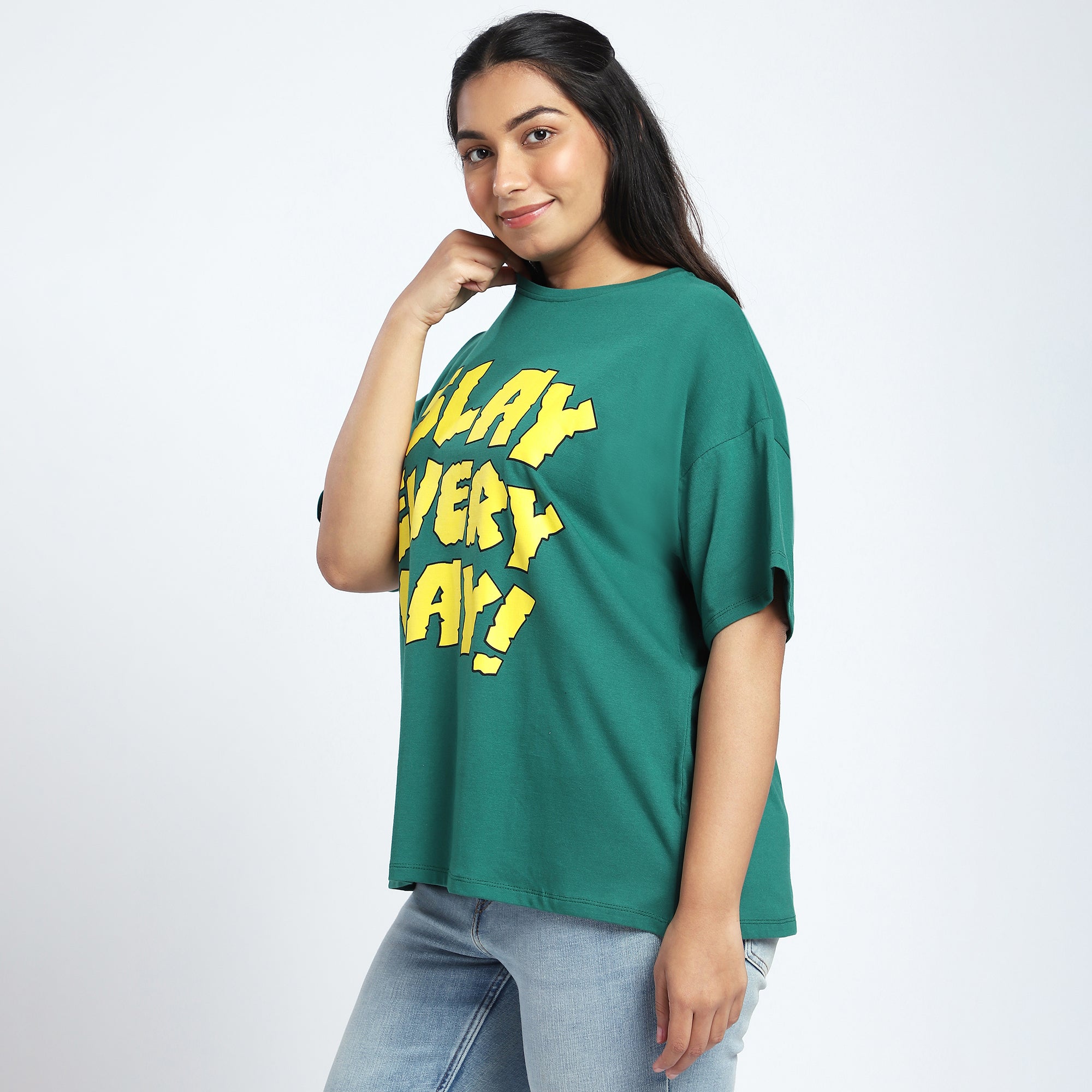 Plus Size Green ‘Slay Everyday’ Chest Print T-Shirt