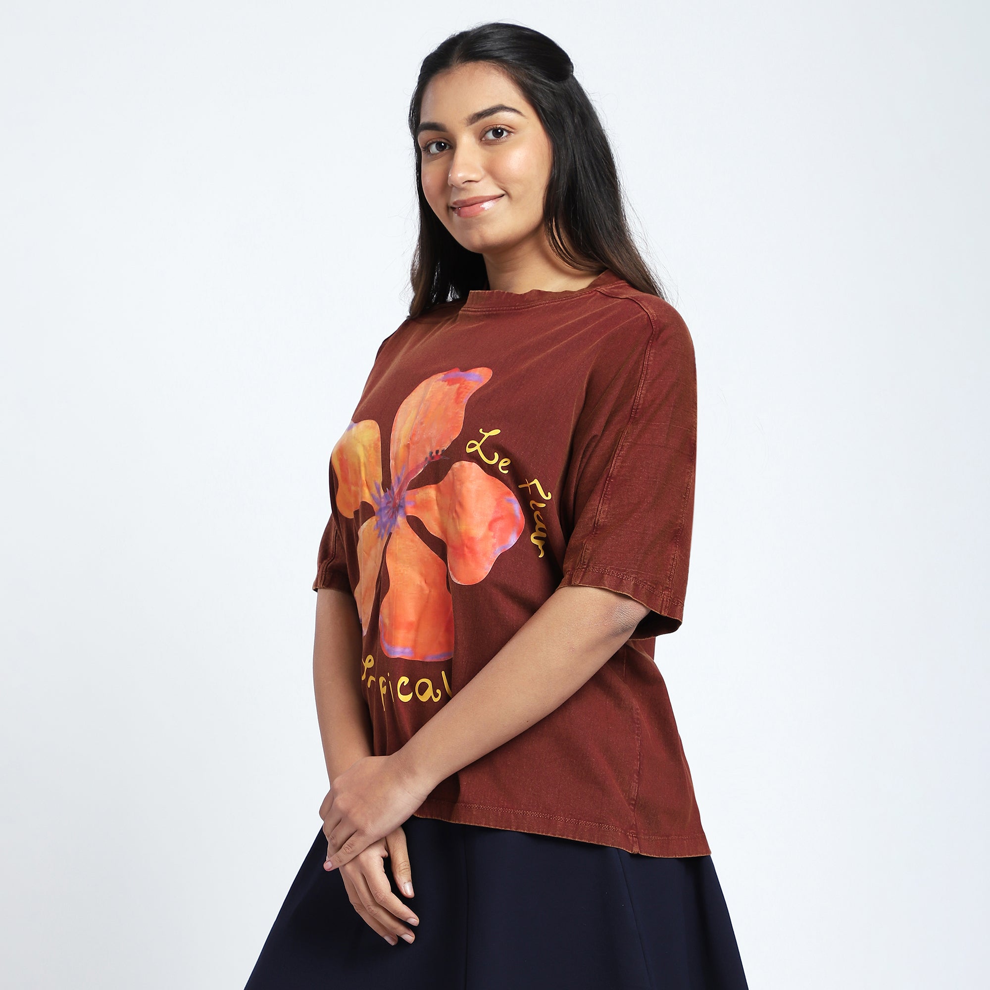 Plus Size Mocha Stone Wash T-Shirt with Floral Chest Print