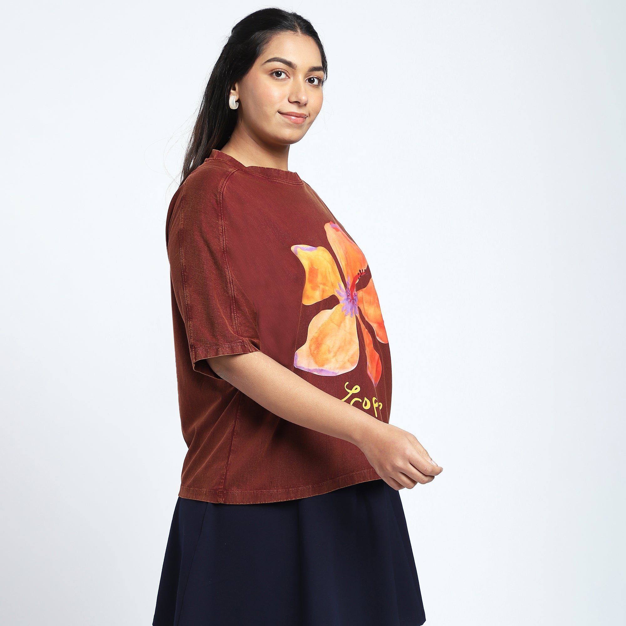 Plus Size Mocha Stone Wash T-Shirt with Floral Chest Print