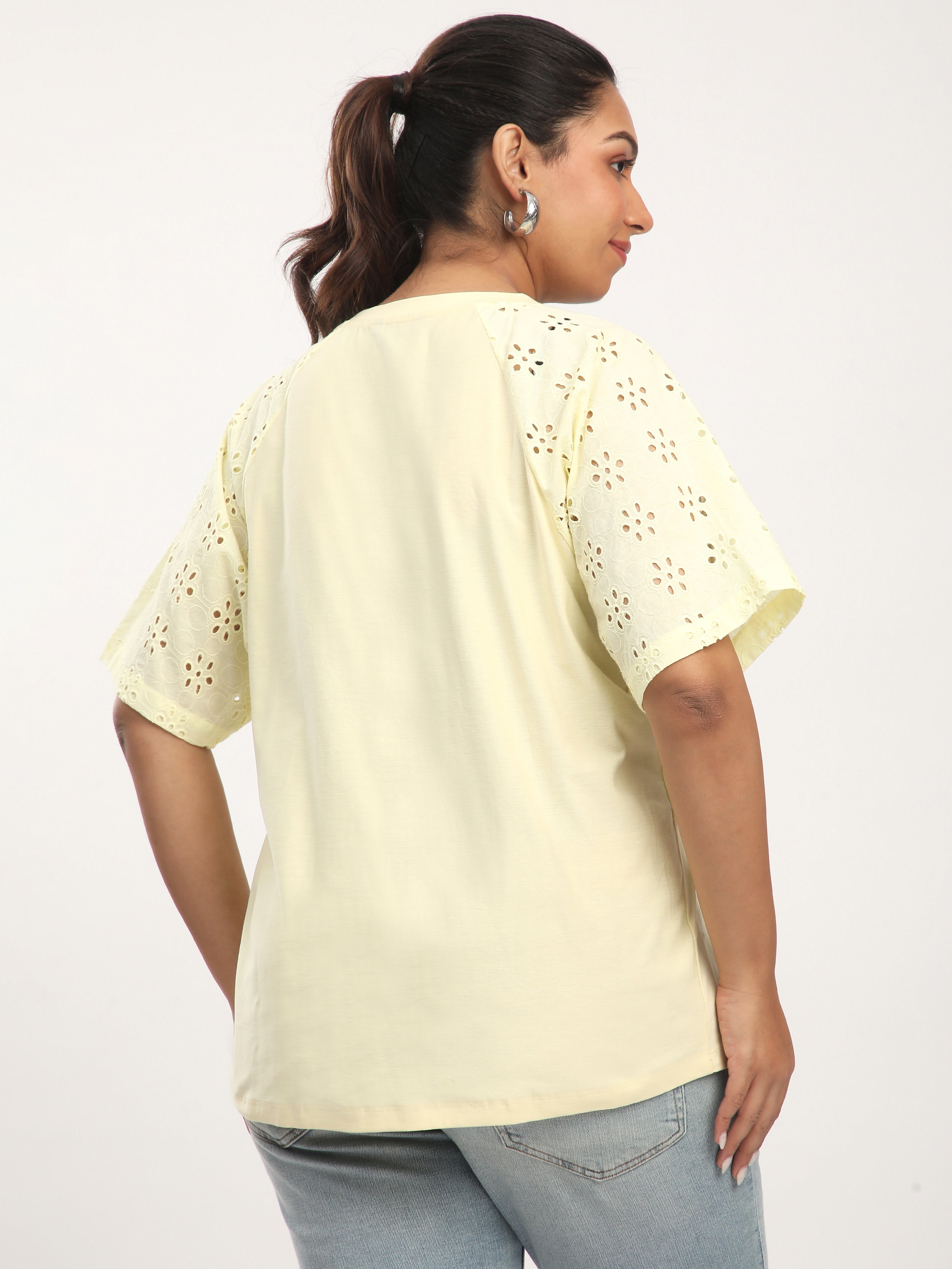 Plus Size Light Yellow Cotton Embroidered Raglan Sleeve Top