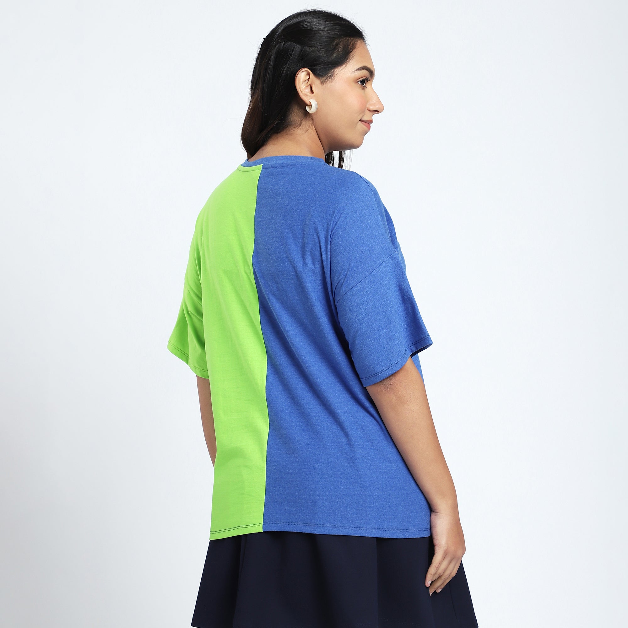 Plus Size Green & Blue Colorblock T-Shirt with Chest Print