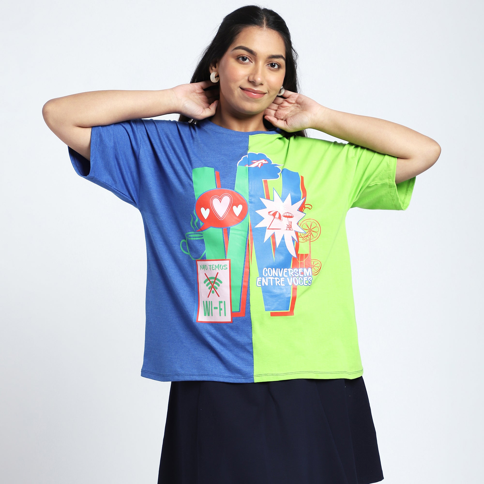 Plus Size Green & Blue Colorblock T-Shirt with Chest Print