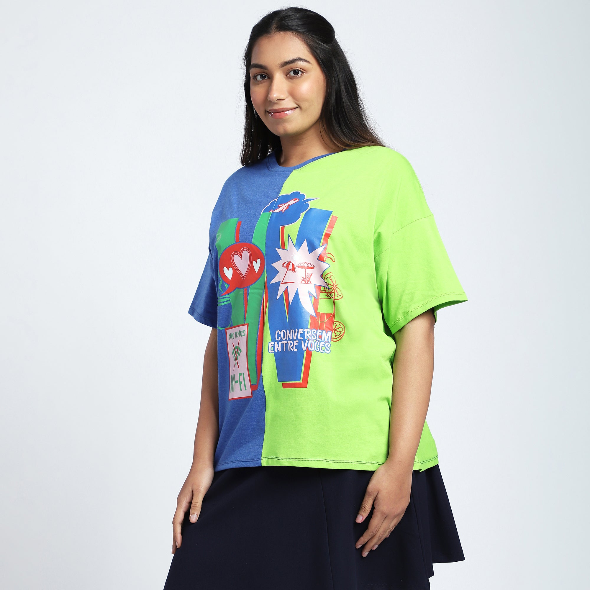 Plus Size Green & Blue Colorblock T-Shirt with Chest Print