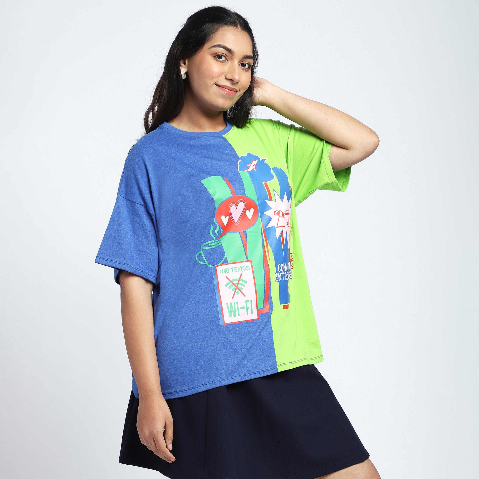 Plus Size Green & Blue Colorblock T-Shirt with Chest Print