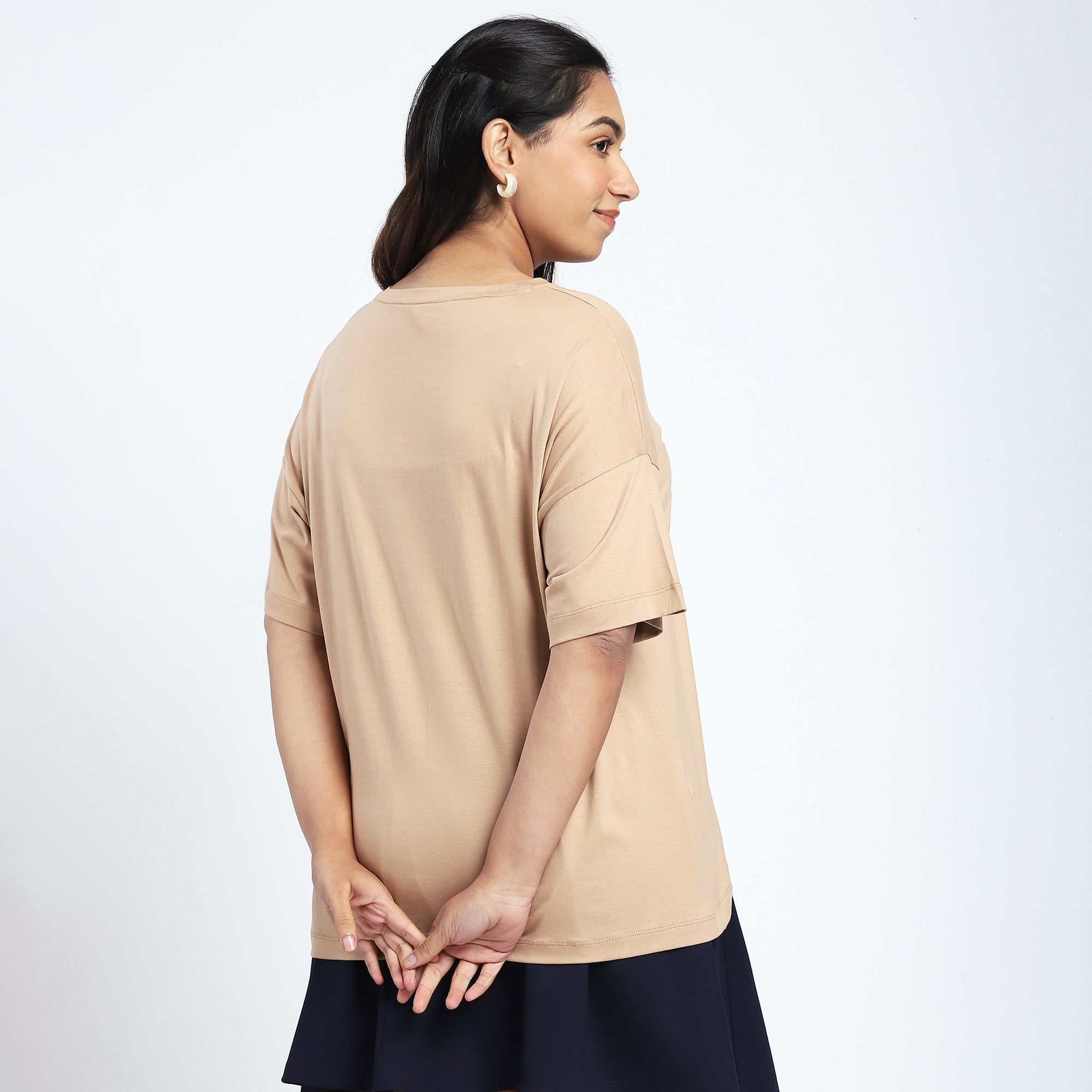 Plus Size Beige Drop Shoulder T-Shirt with Chest Print
