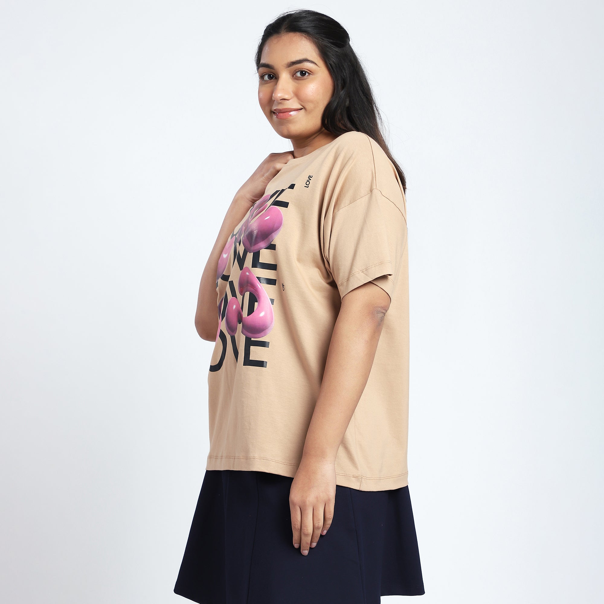 Plus Size Beige Drop Shoulder T-Shirt with Chest Print