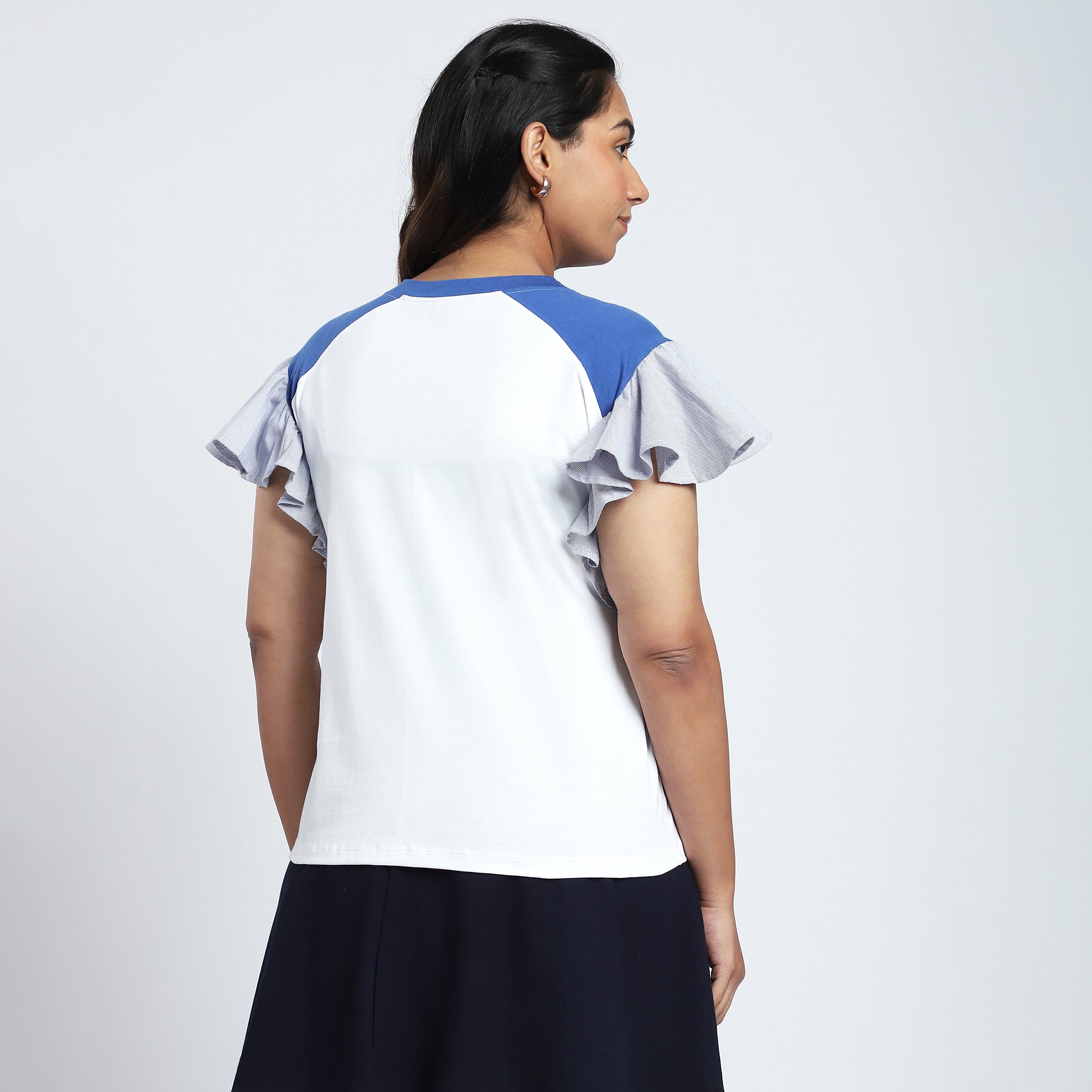 Plus Size White & Blue T-Shirt with Ruffle Sleeves and Chest Print