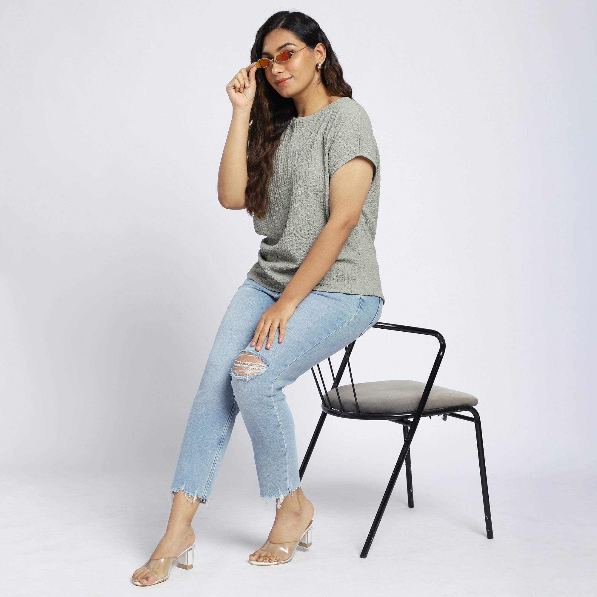 Plus Size Olive Green Textured Knit Top with Cap Sleeves and Side Pleat
