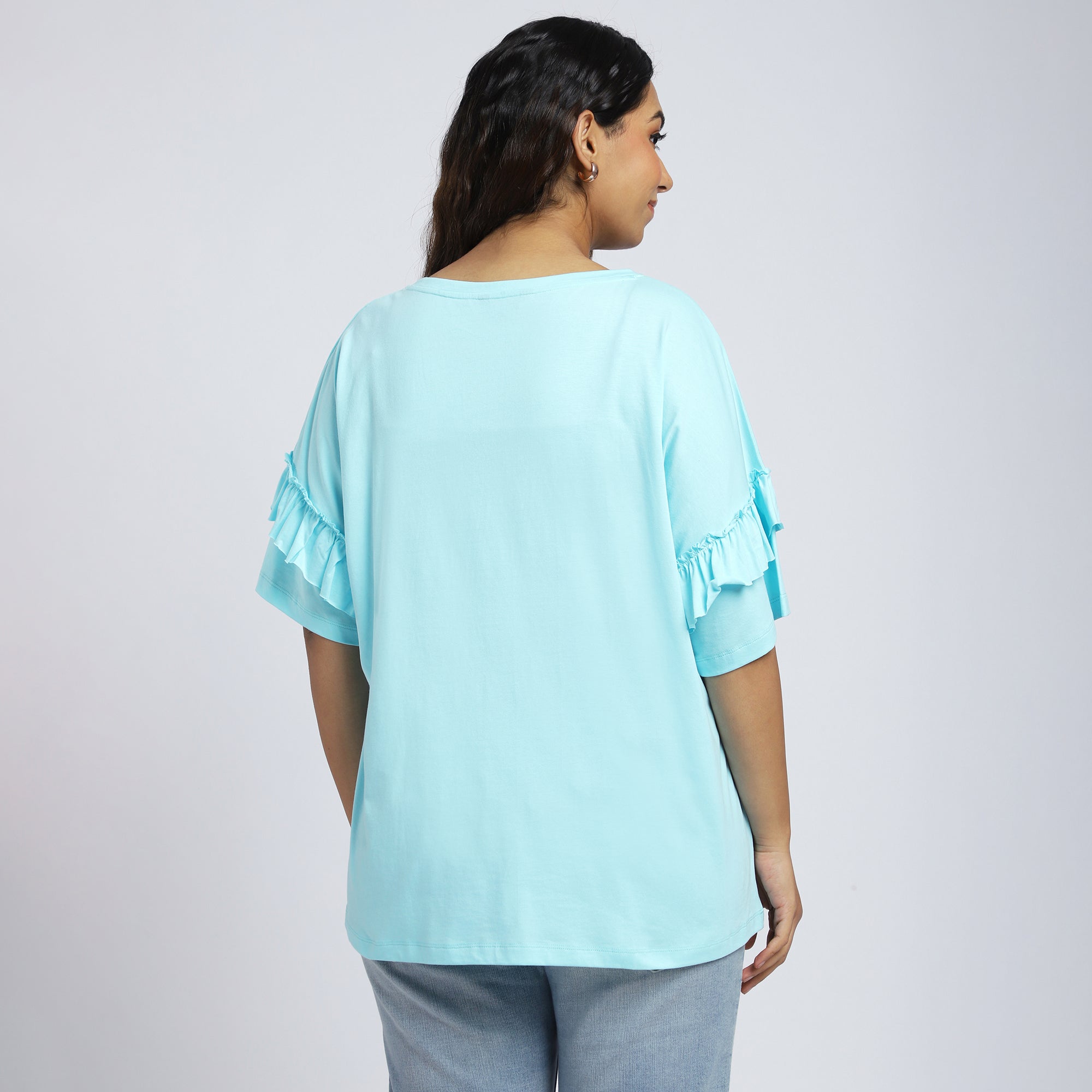 Plus Size Turquoise Chest Print T-Shirt with Ruffle Sleeves