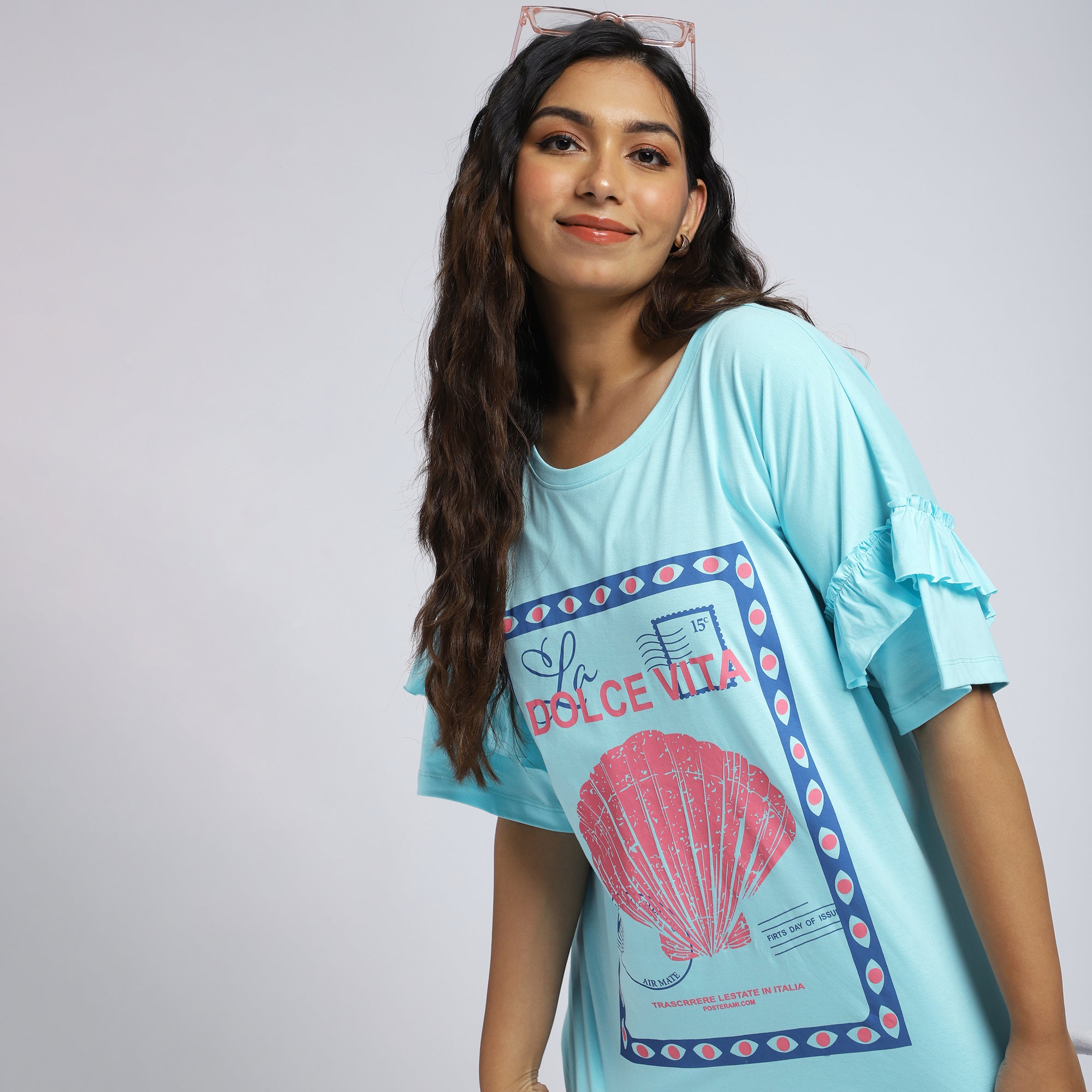 Plus Size Turquoise Chest Print T-Shirt with Ruffle Sleeves