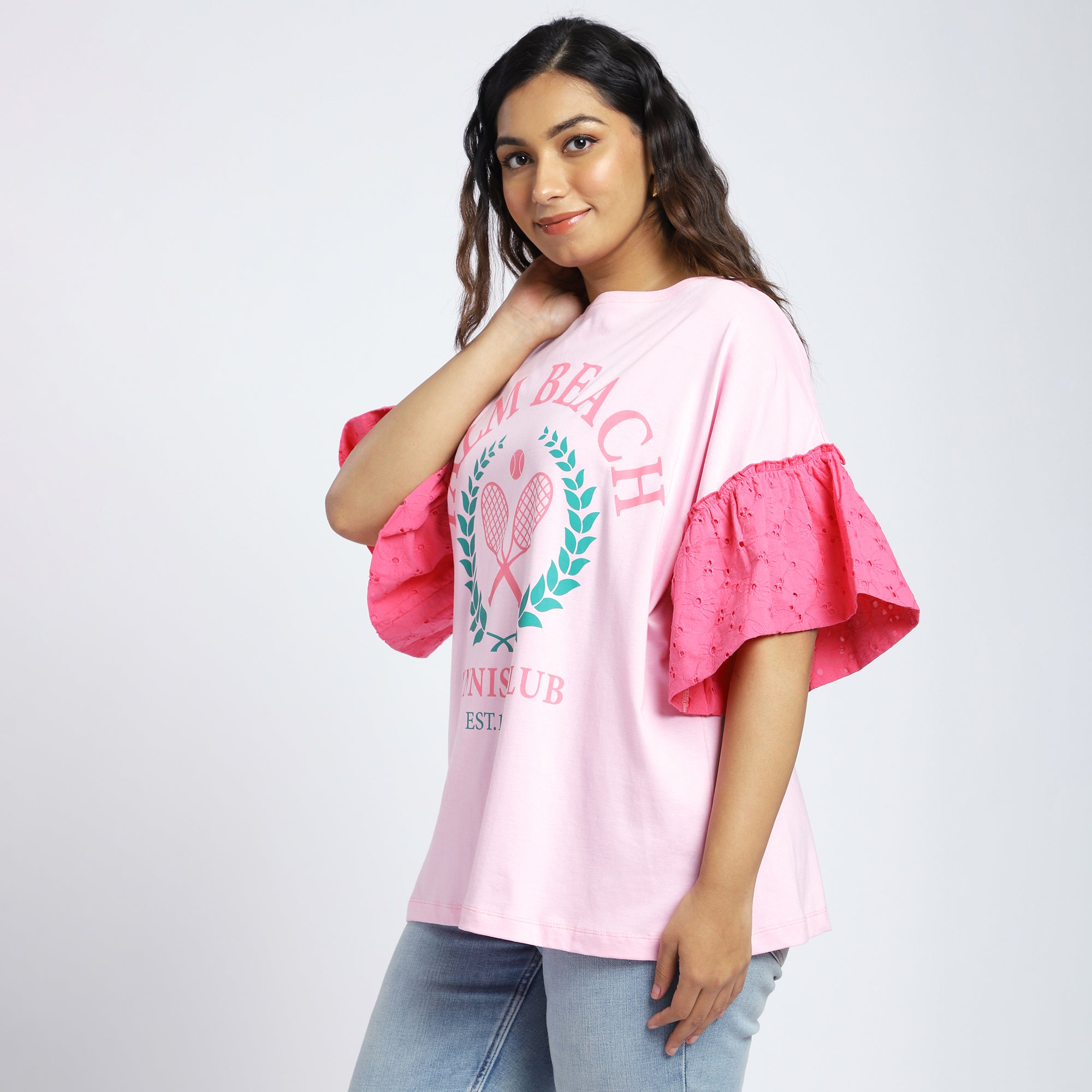 Plus Size Pink Chest Print T-Shirt with Colorblock Schiffli Sleeves