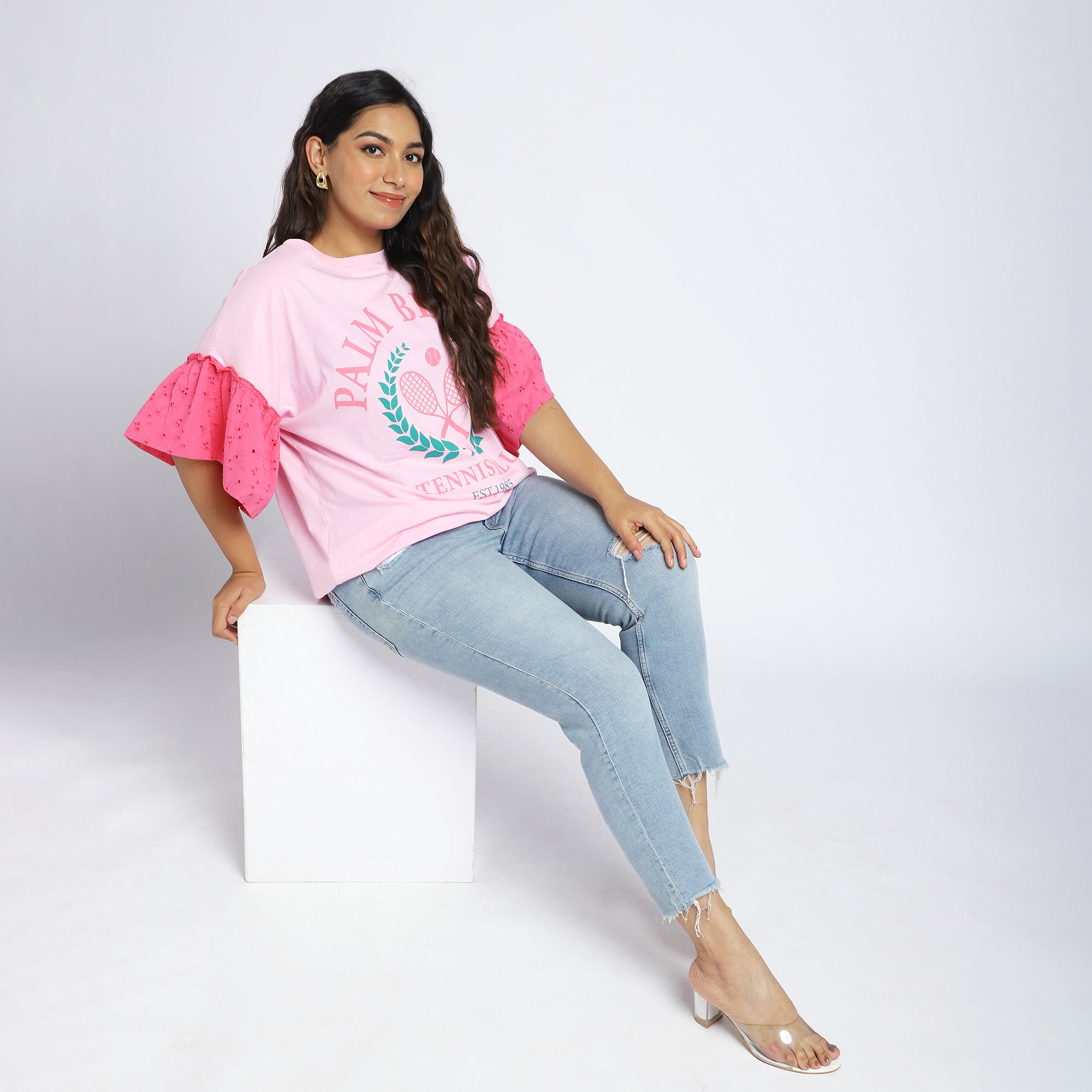 Plus Size Pink Chest Print T-Shirt with Colorblock Schiffli Sleeves