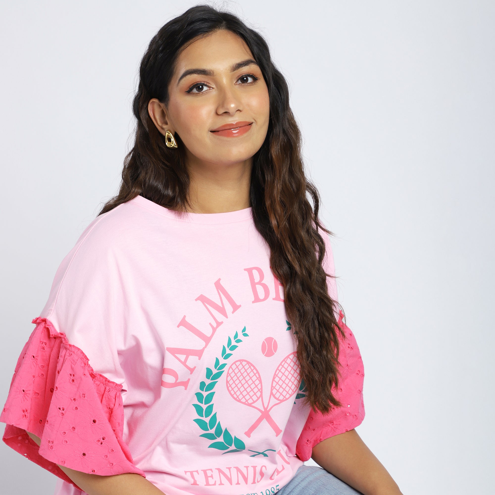 Plus Size Pink Chest Print T-Shirt with Colorblock Schiffli Sleeves