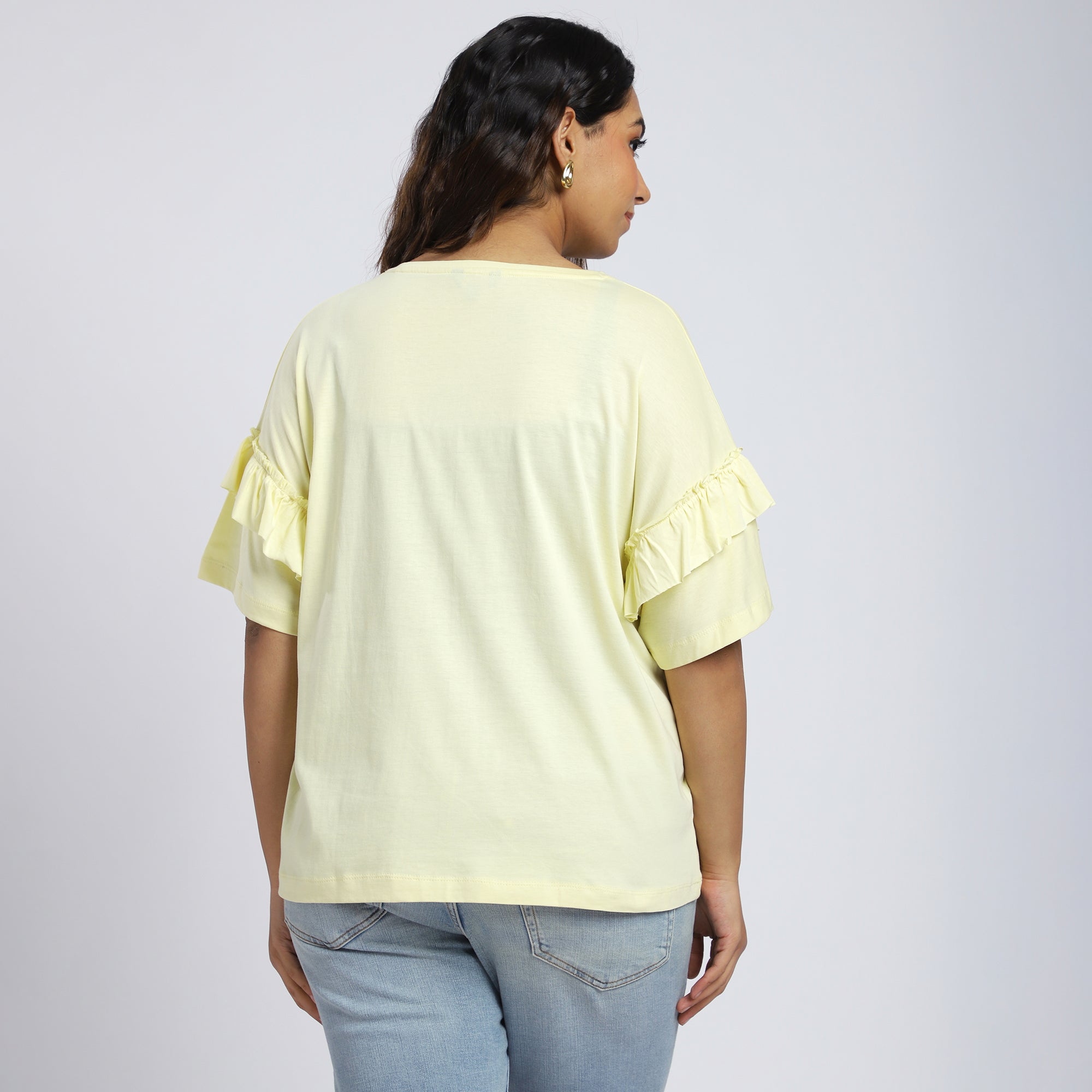 Plus Size Yellow Foil Print T-Shirt with Ruffle Sleeves