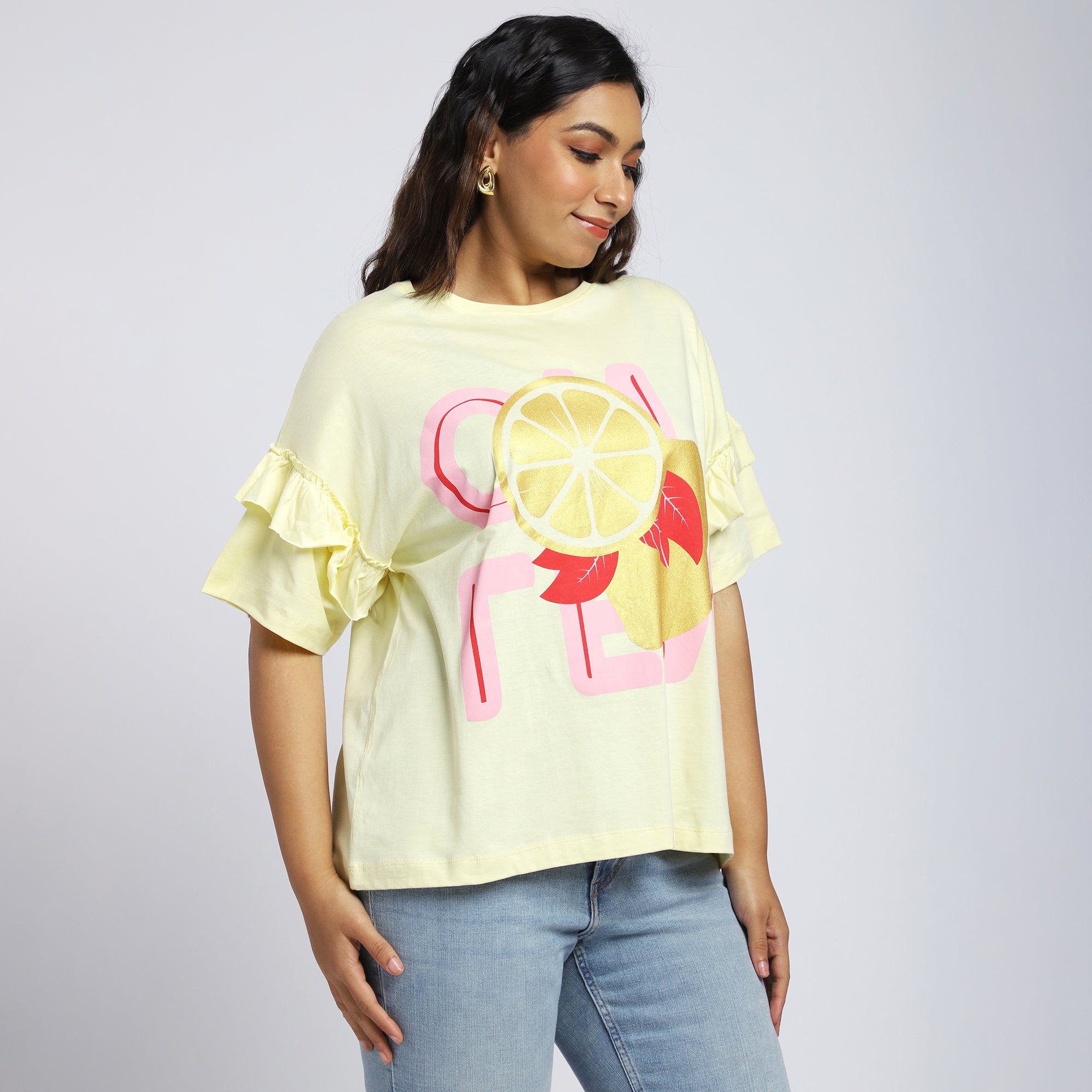 Plus Size Yellow Foil Print T-Shirt with Ruffle Sleeves