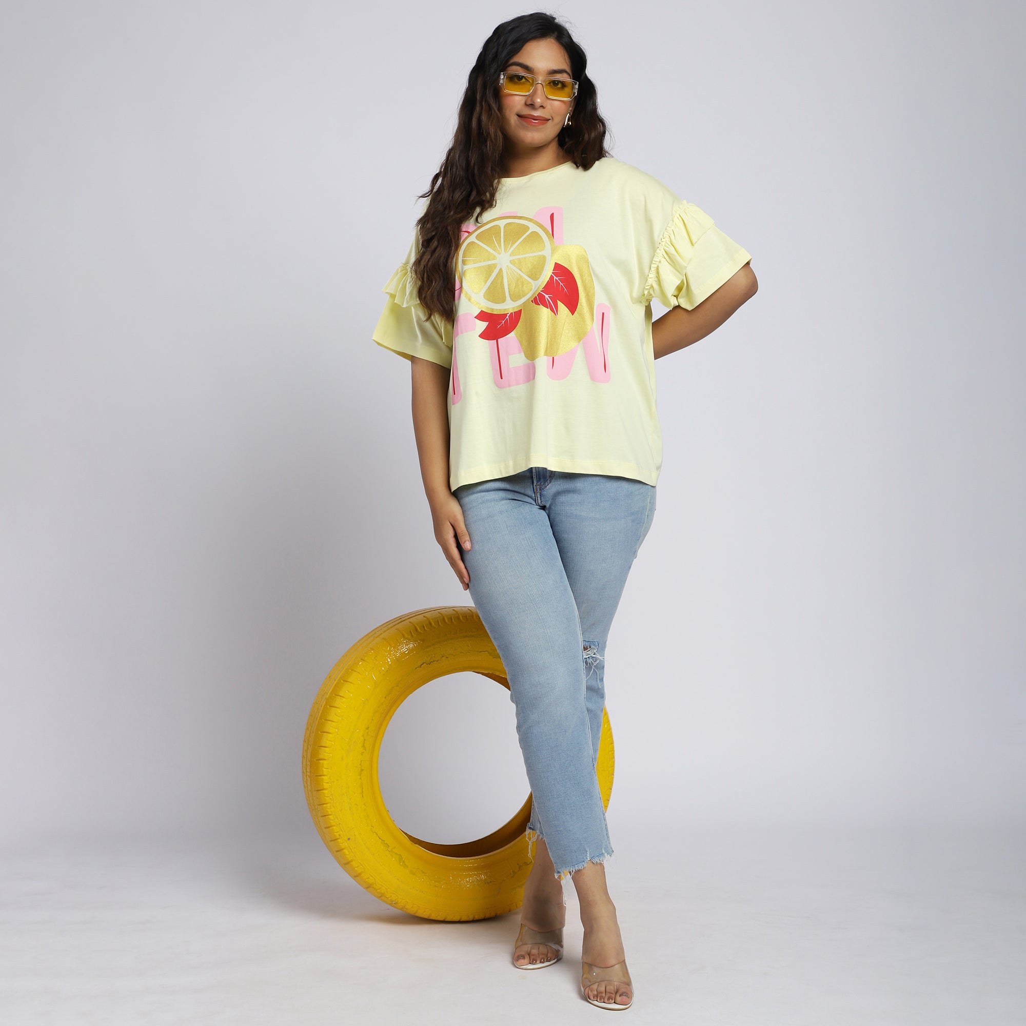 Plus Size Yellow Foil Print T-Shirt with Ruffle Sleeves