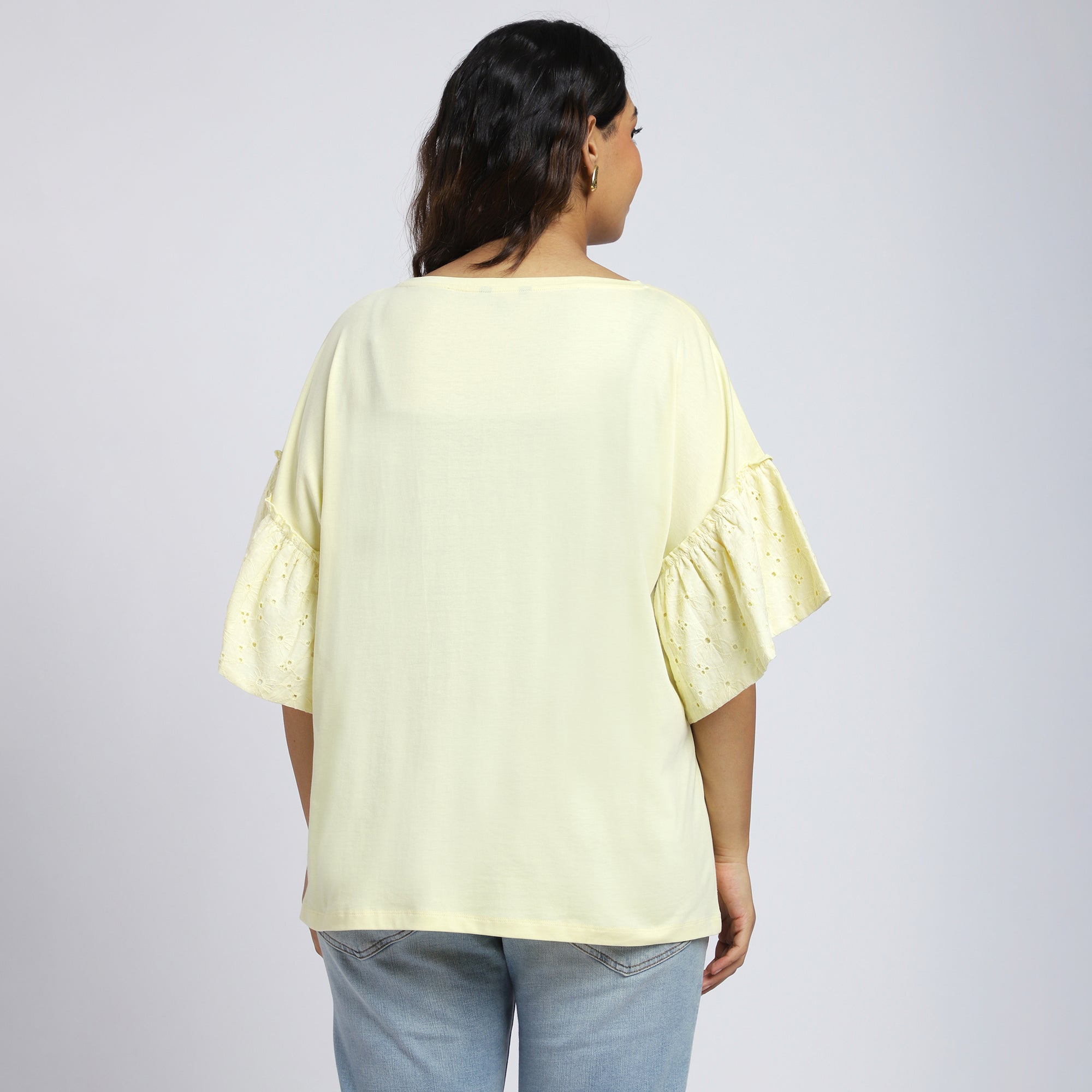 Plus Size Yellow Chest Print T-Shirt with Schiffli Sleeves