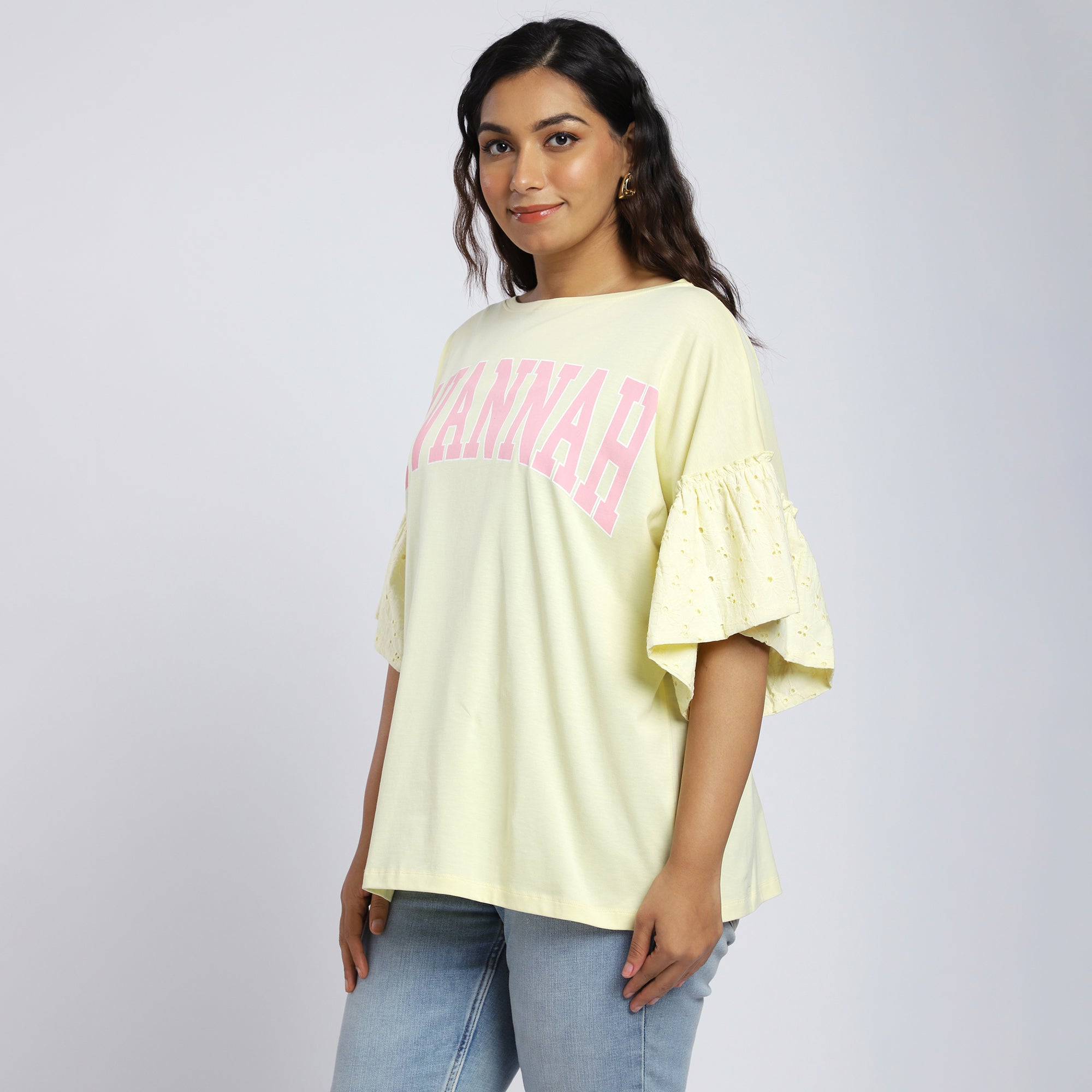 Plus Size Yellow Chest Print T-Shirt with Schiffli Sleeves