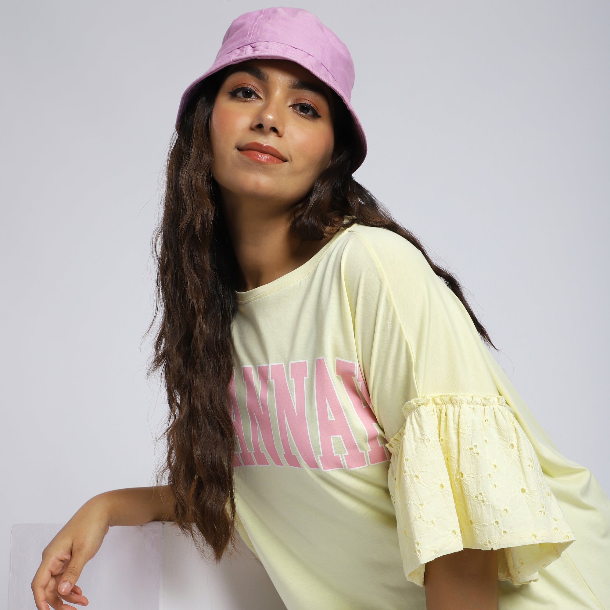 Plus Size Yellow Chest Print T-Shirt with Schiffli Sleeves
