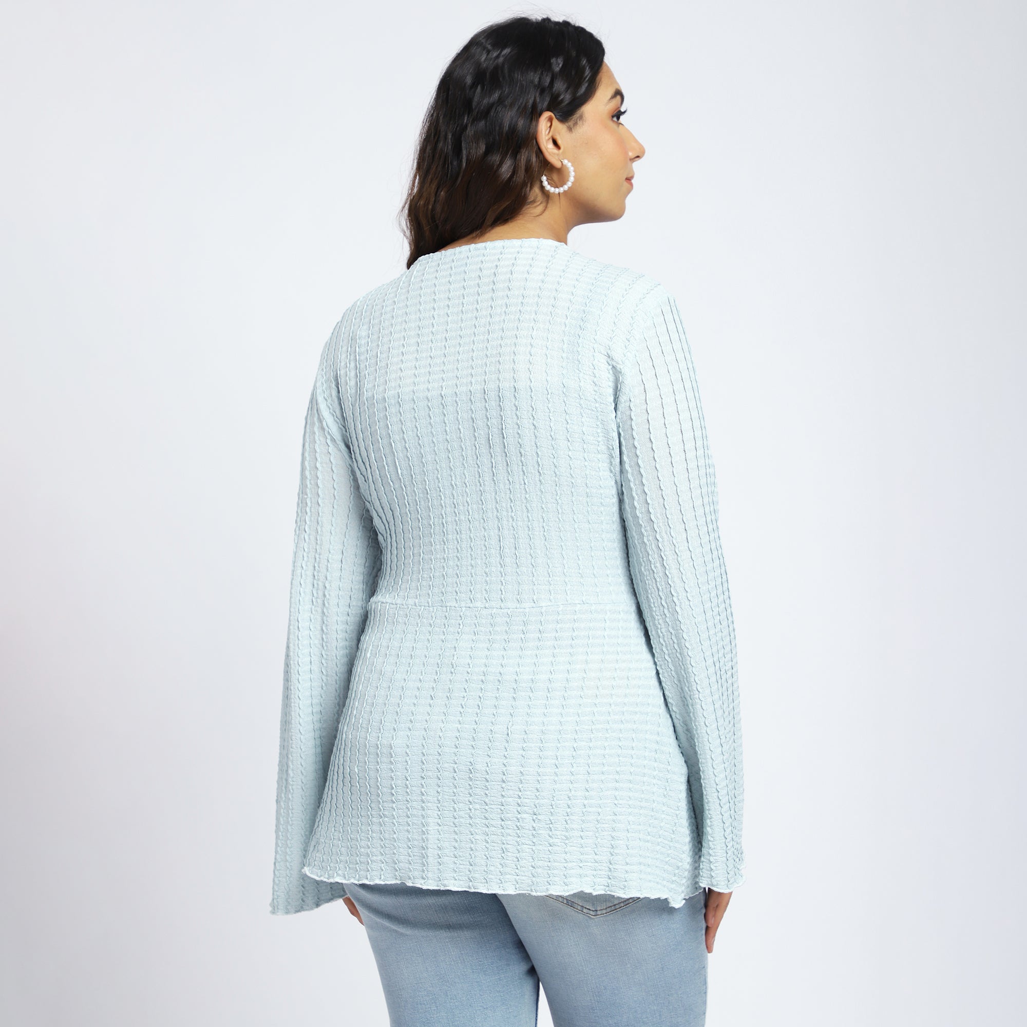 Plus Size Light Blue Textured Knit Wrap Top with Tie-Up Waist