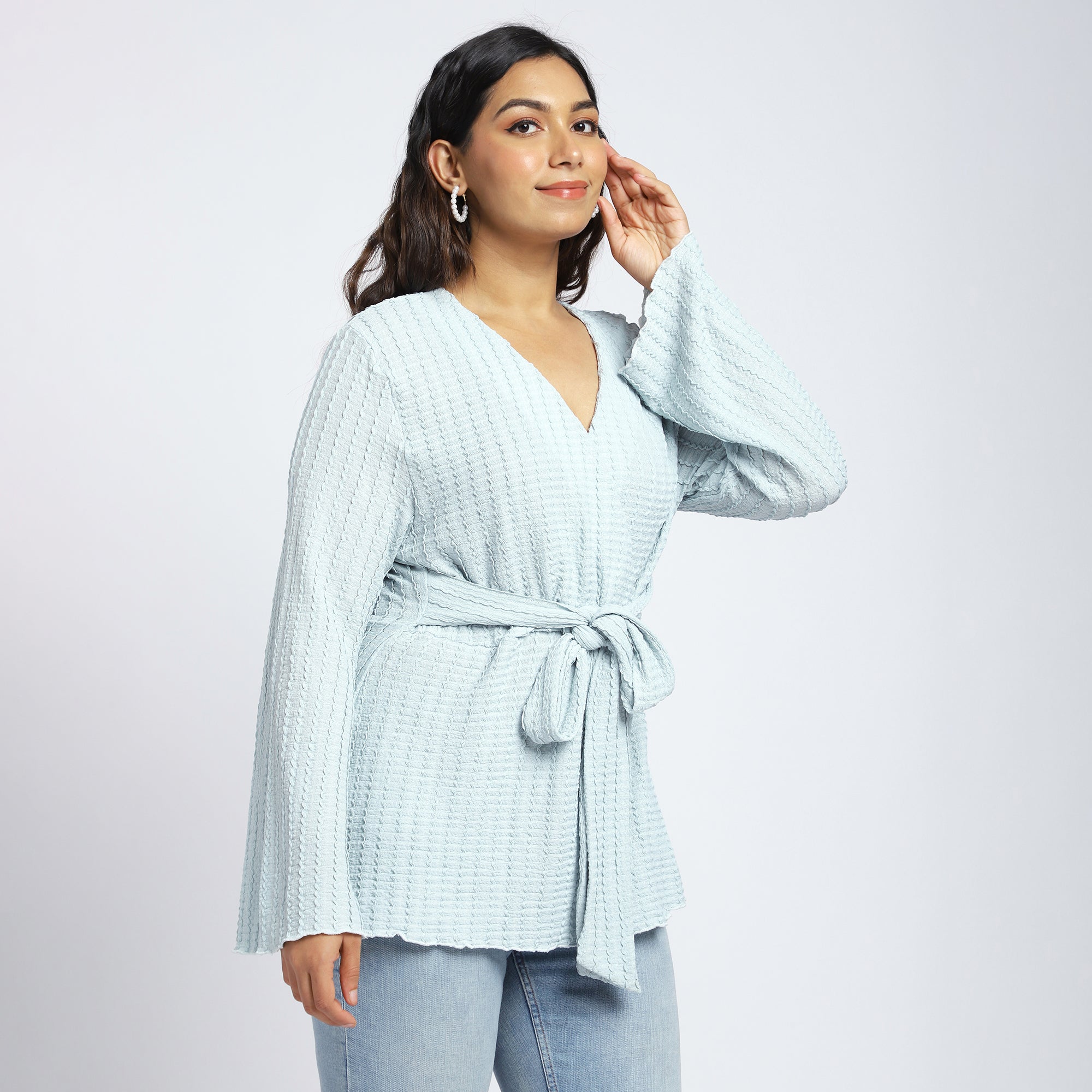Plus Size Light Blue Textured Knit Wrap Top with Tie-Up Waist