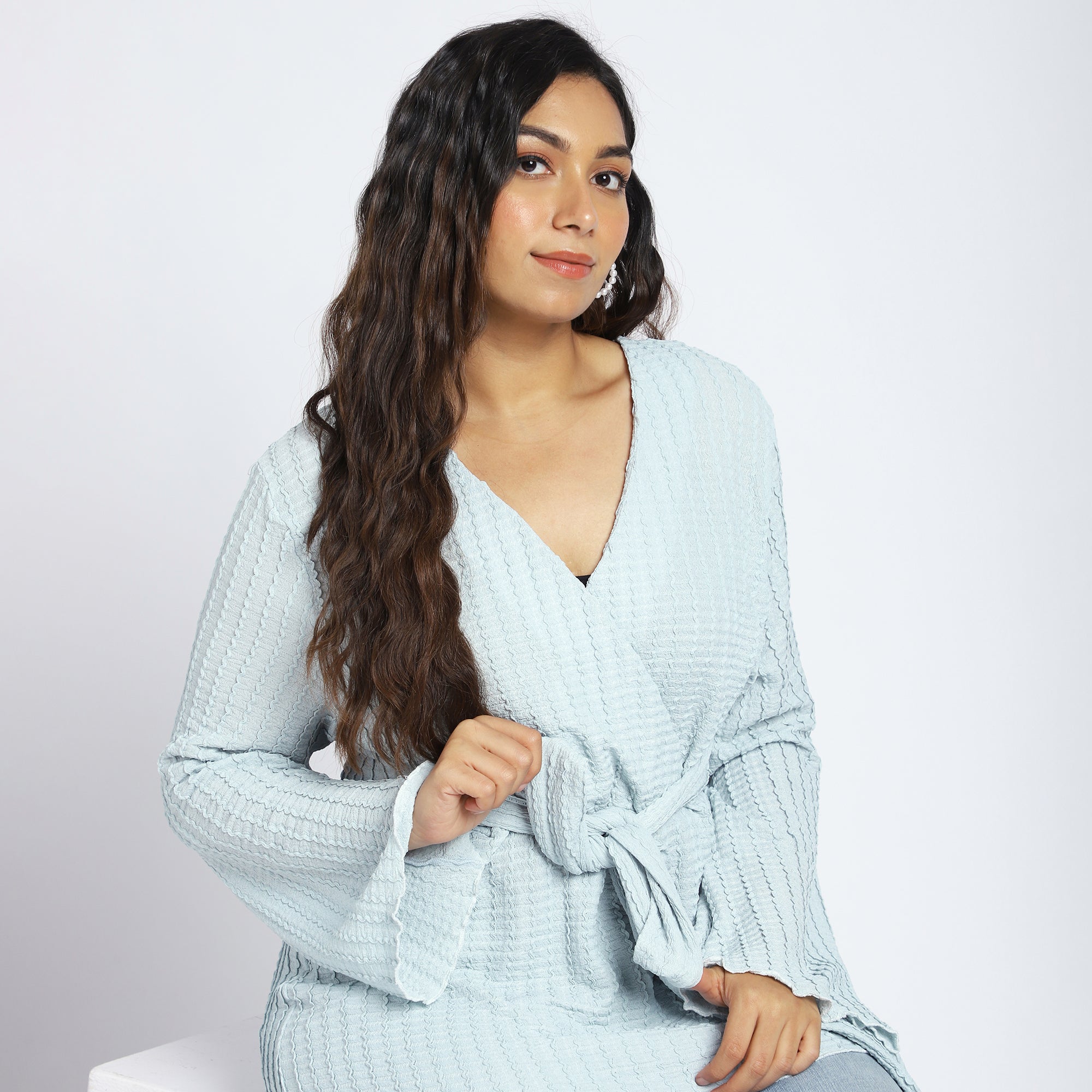 Plus Size Light Blue Textured Knit Wrap Top with Tie-Up Waist