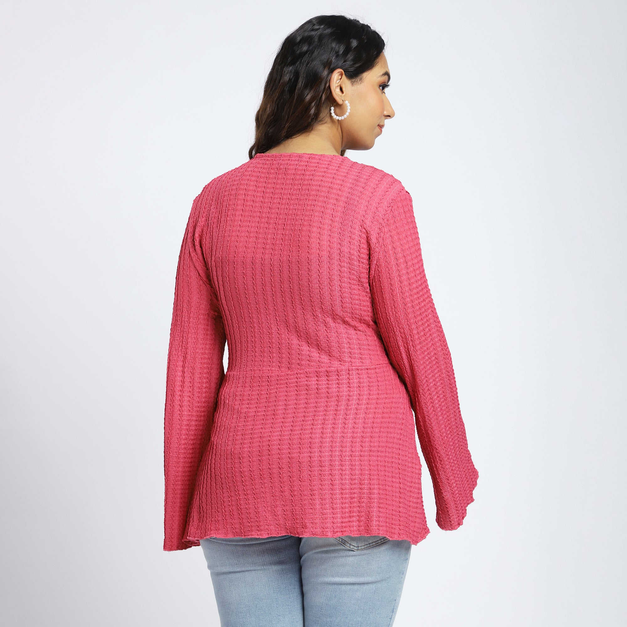 Plus Size Pink Fuchsia Textured Knit Wrap Top with Tie-Up Waist