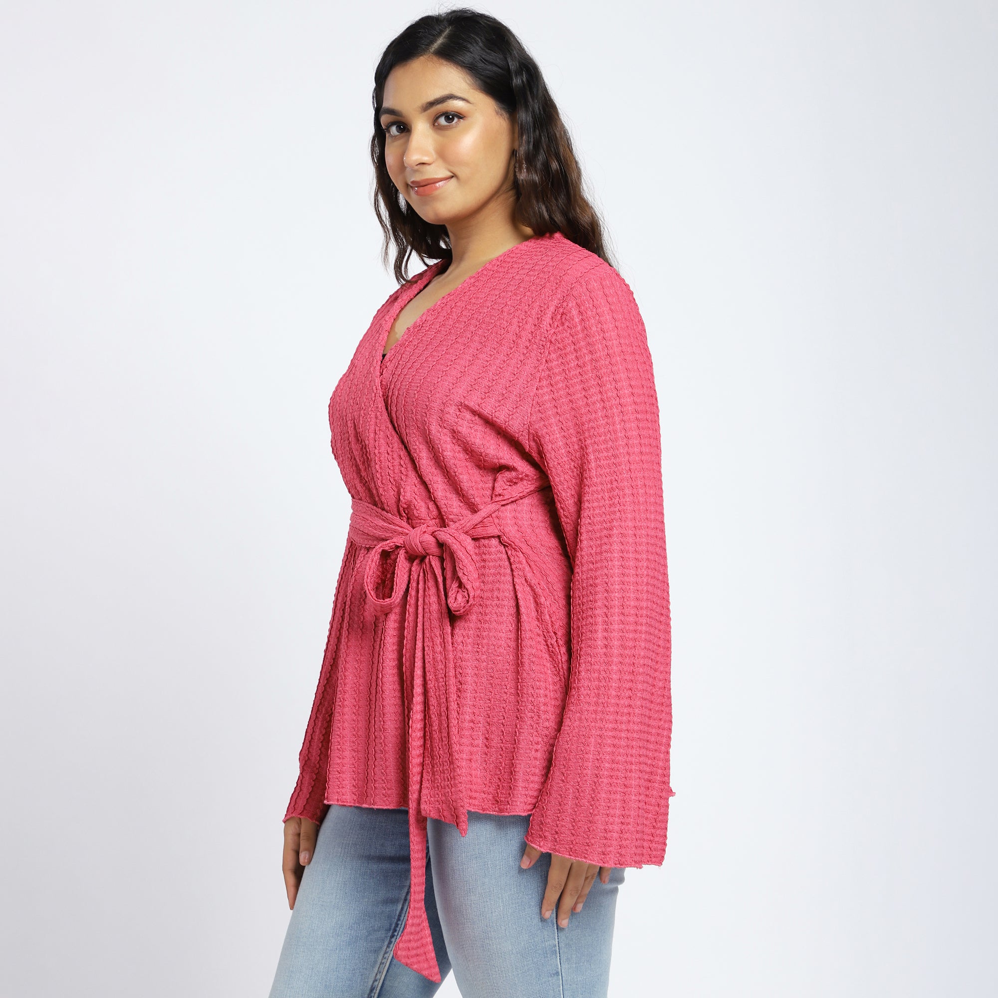 Plus Size Pink Fuchsia Textured Knit Wrap Top with Tie-Up Waist