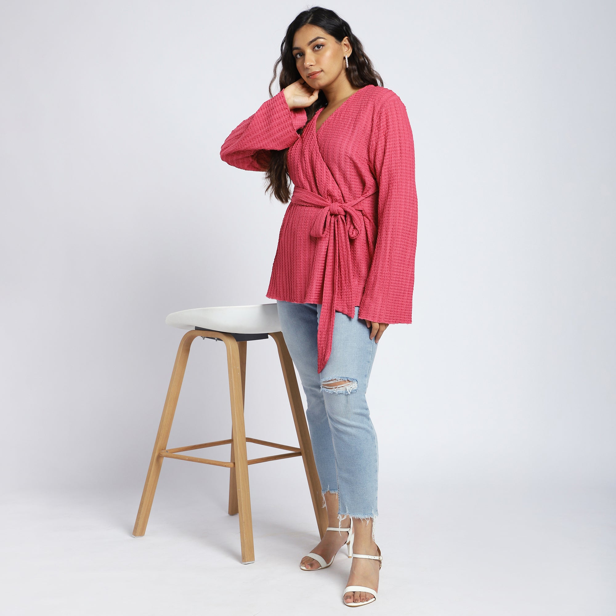 Plus Size Pink Fuchsia Textured Knit Wrap Top with Tie-Up Waist