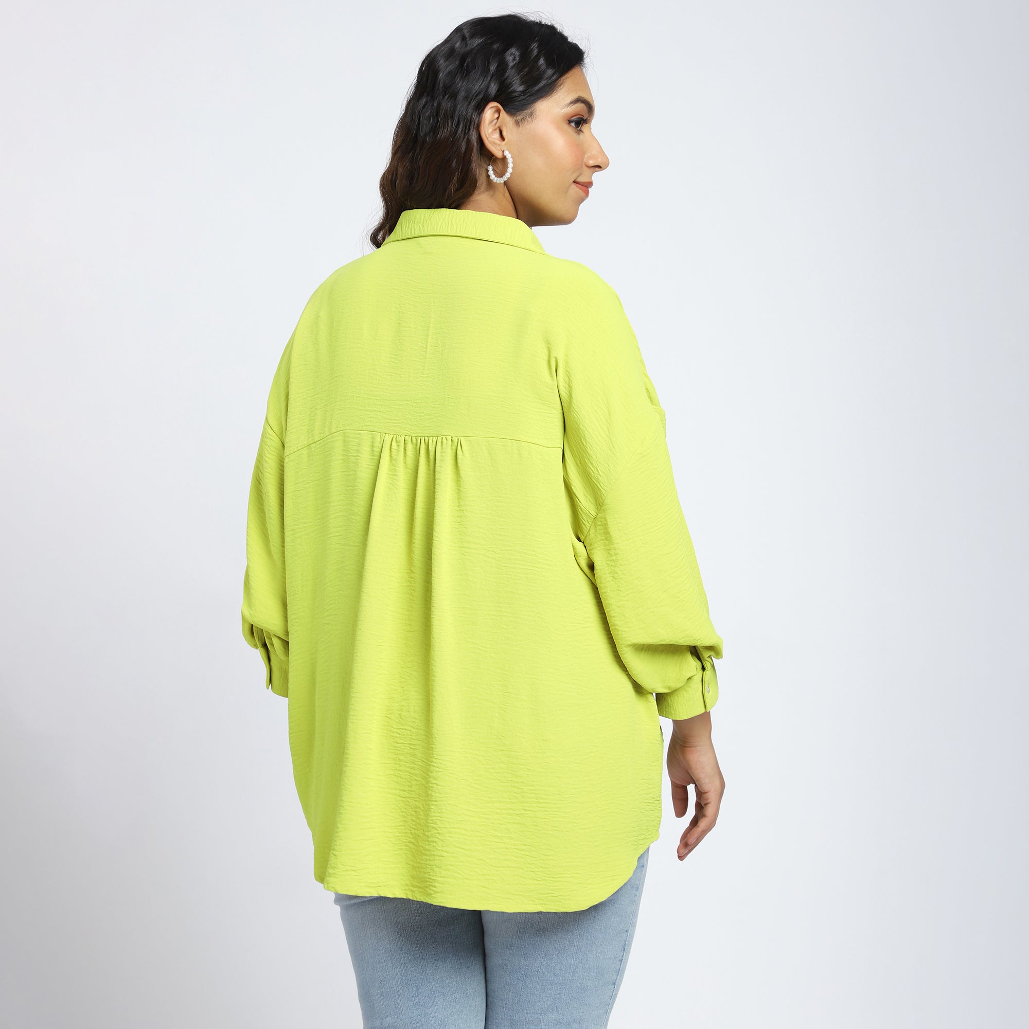 Plus Size Lime Textured Shirt with Puff Sleeves
