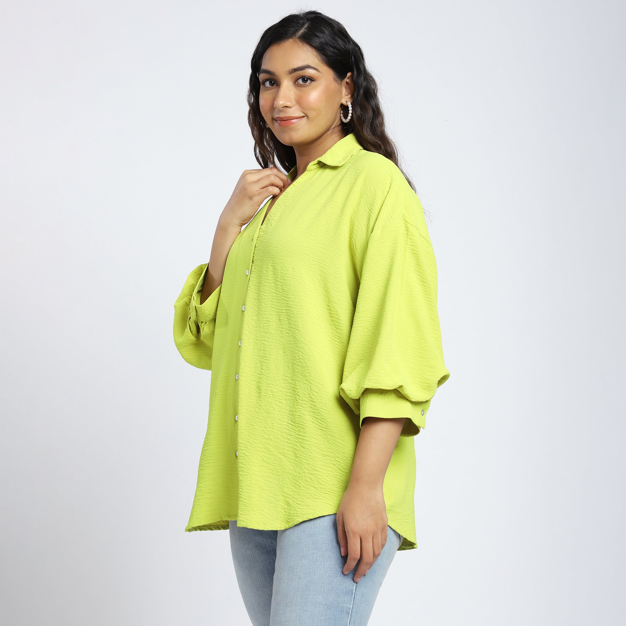 Plus Size Lime Textured Shirt with Puff Sleeves