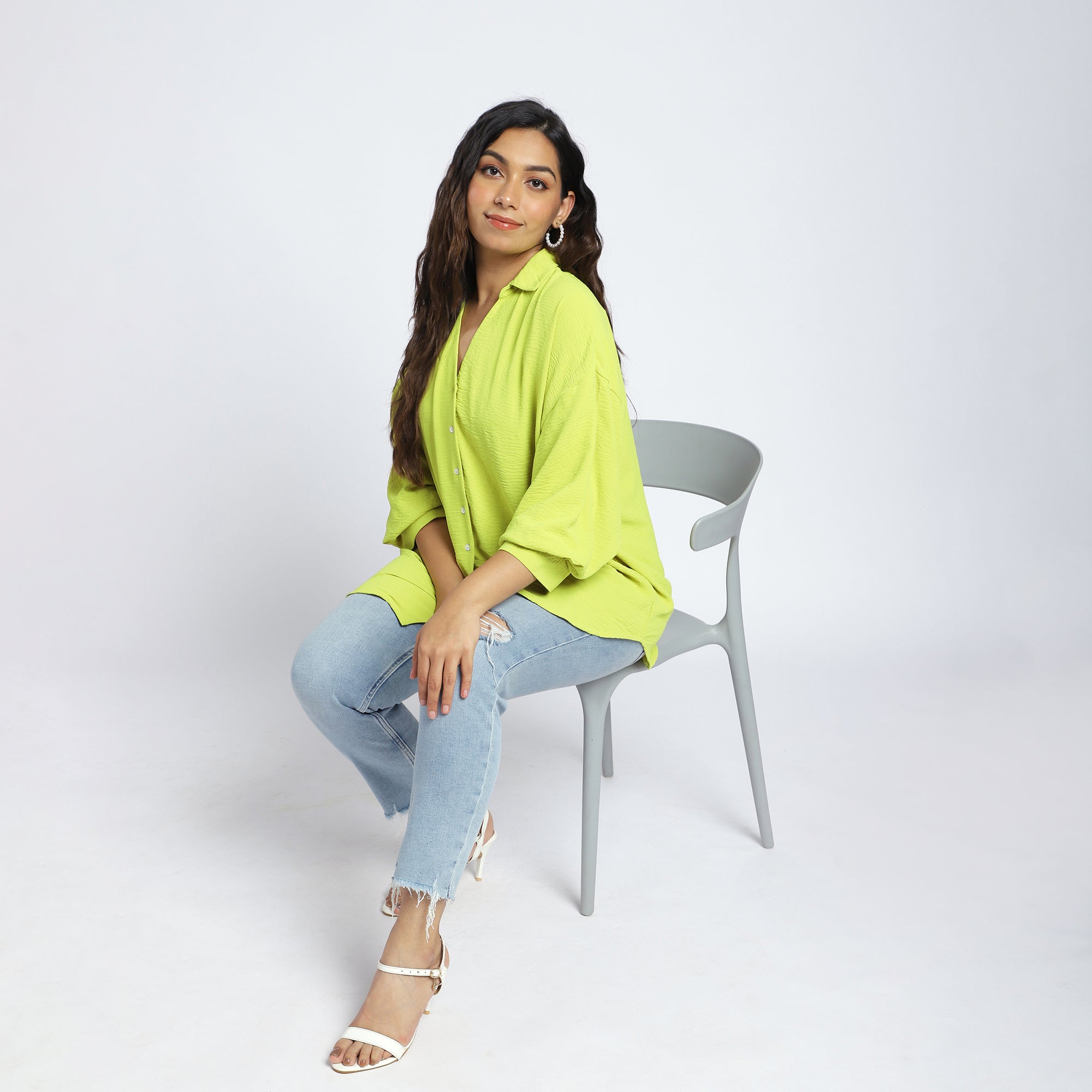 Plus Size Lime Textured Shirt with Puff Sleeves