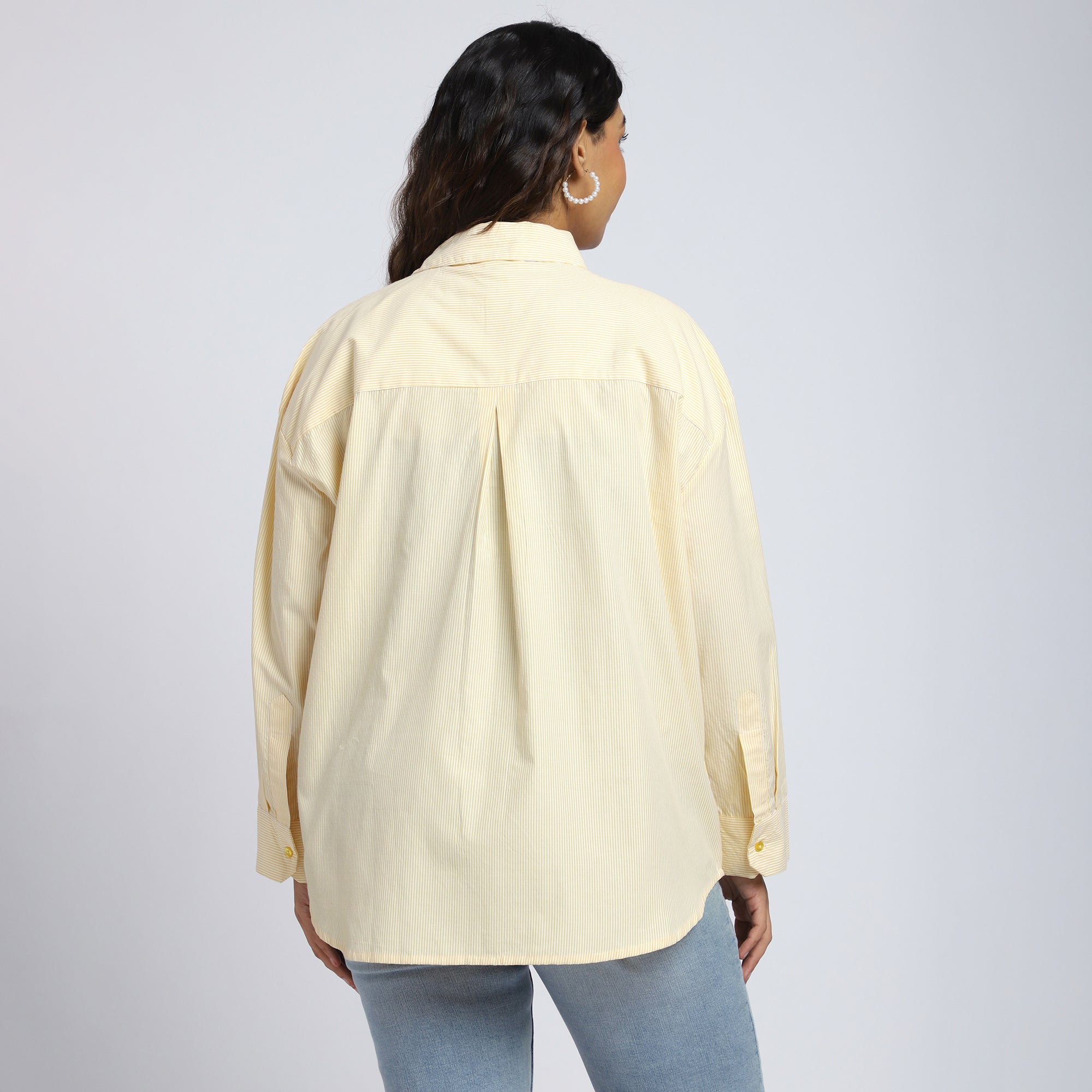 Plus Size Yellow Oversized Stripe Shirt with Bead Embroidery