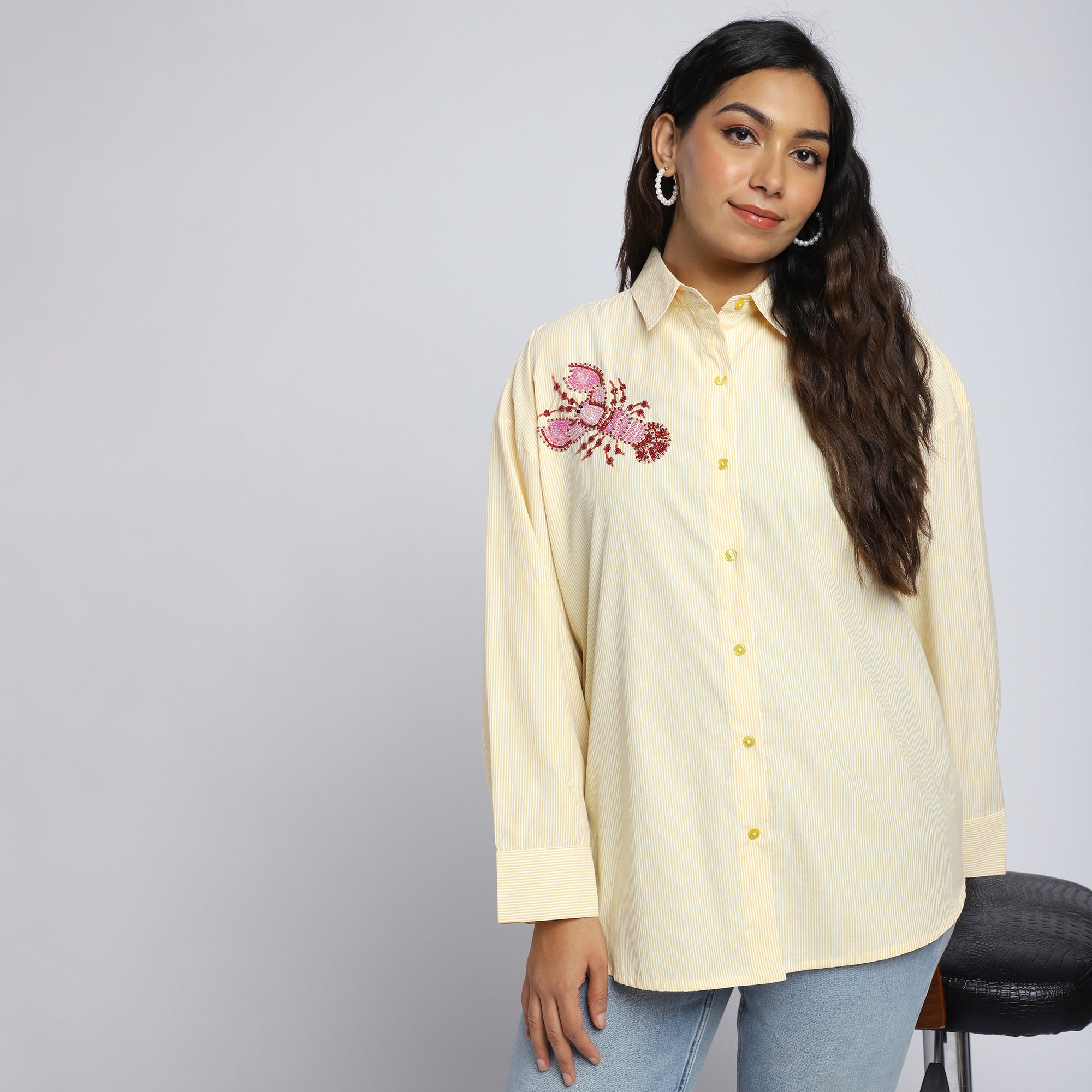 Plus Size Yellow Oversized Stripe Shirt with Bead Embroidery