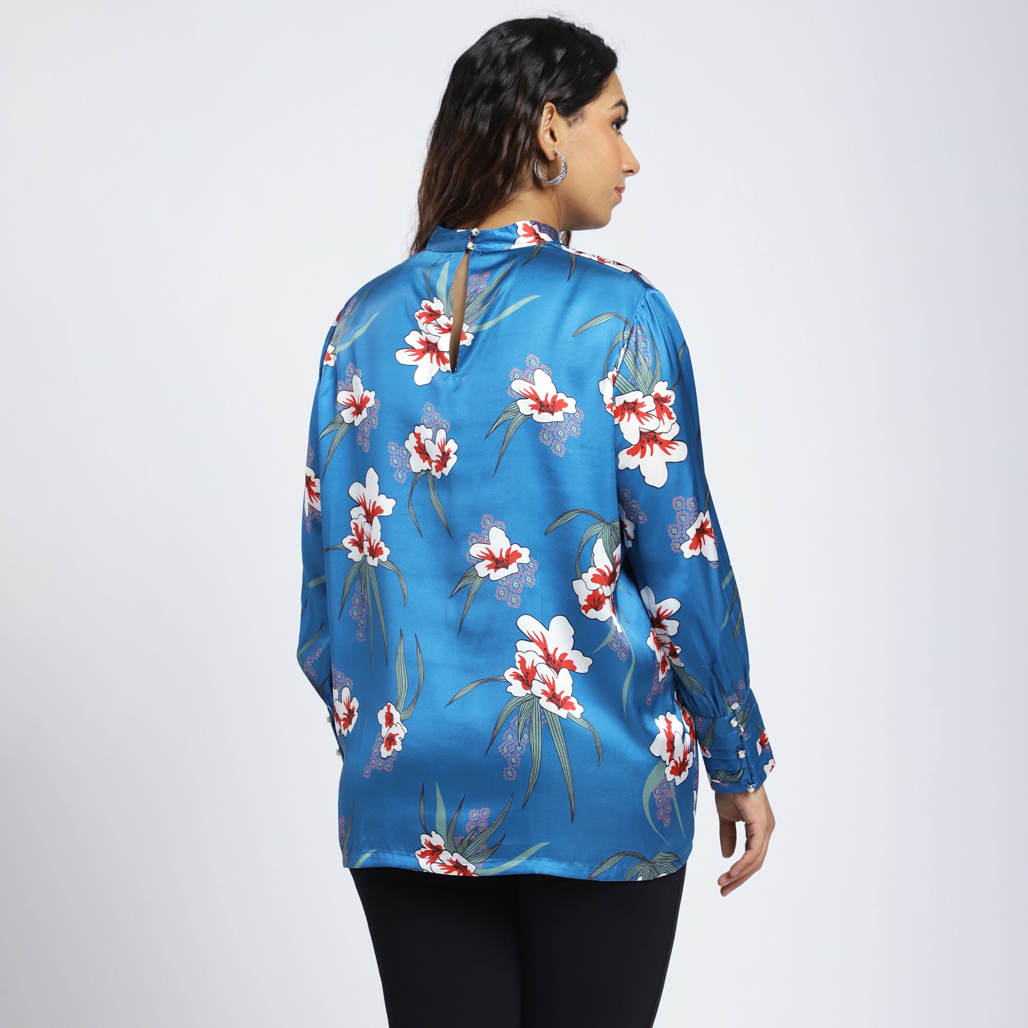 Plus Size Blue Satin Floral Keyhole Top