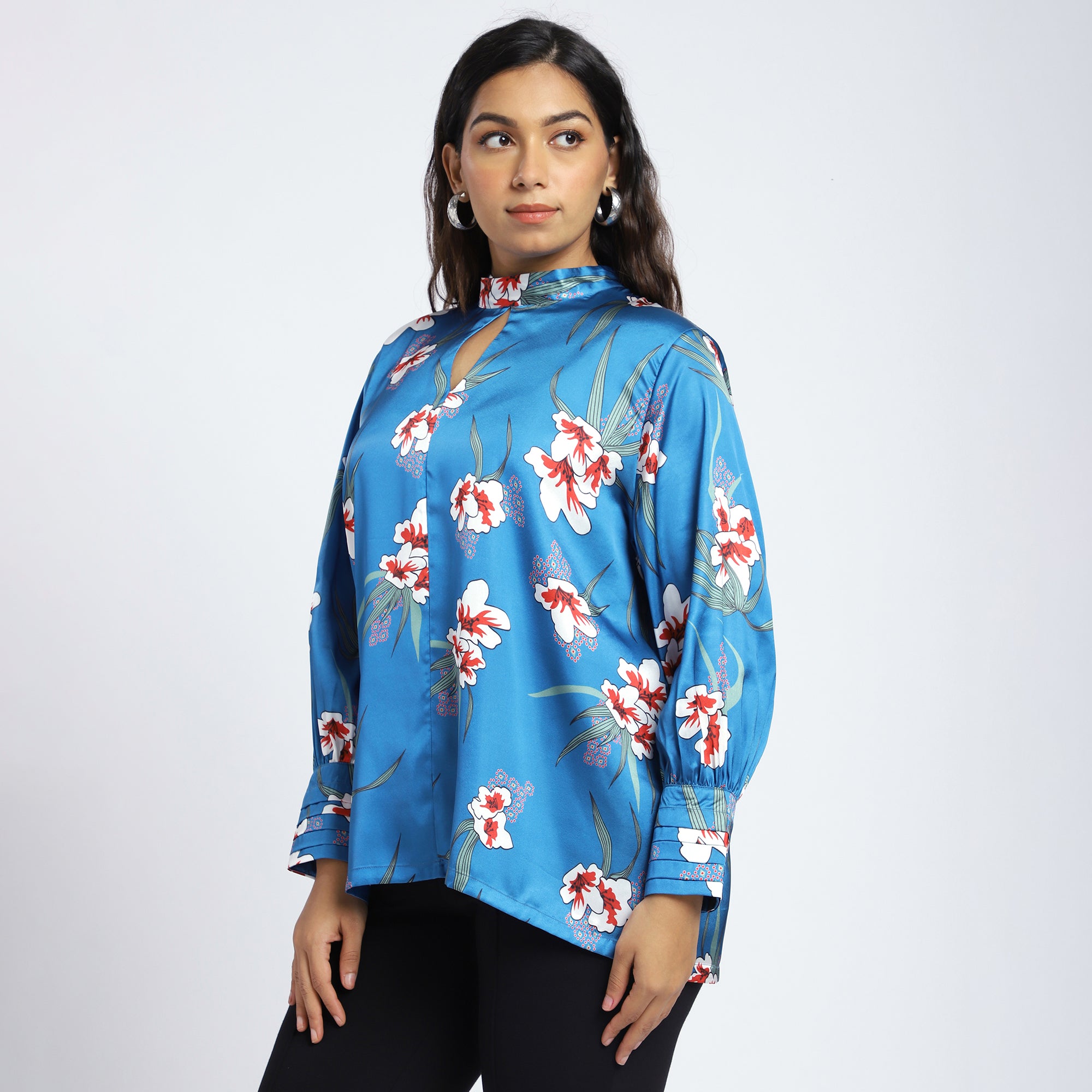 Plus Size Blue Satin Floral Keyhole Top
