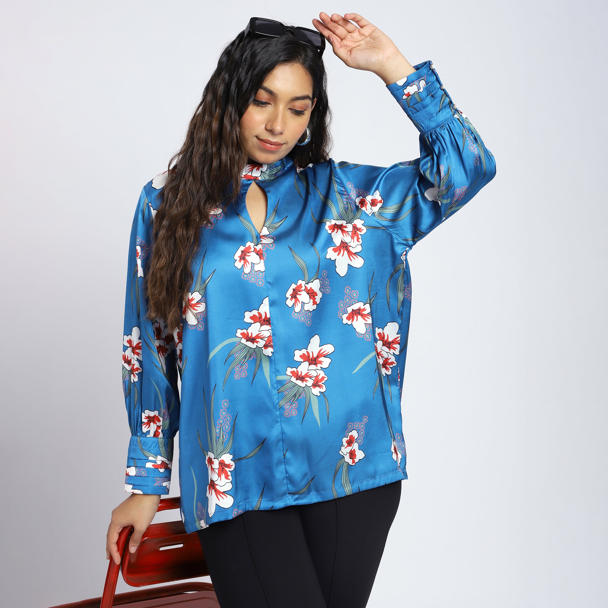Plus Size Blue Satin Floral Keyhole Top
