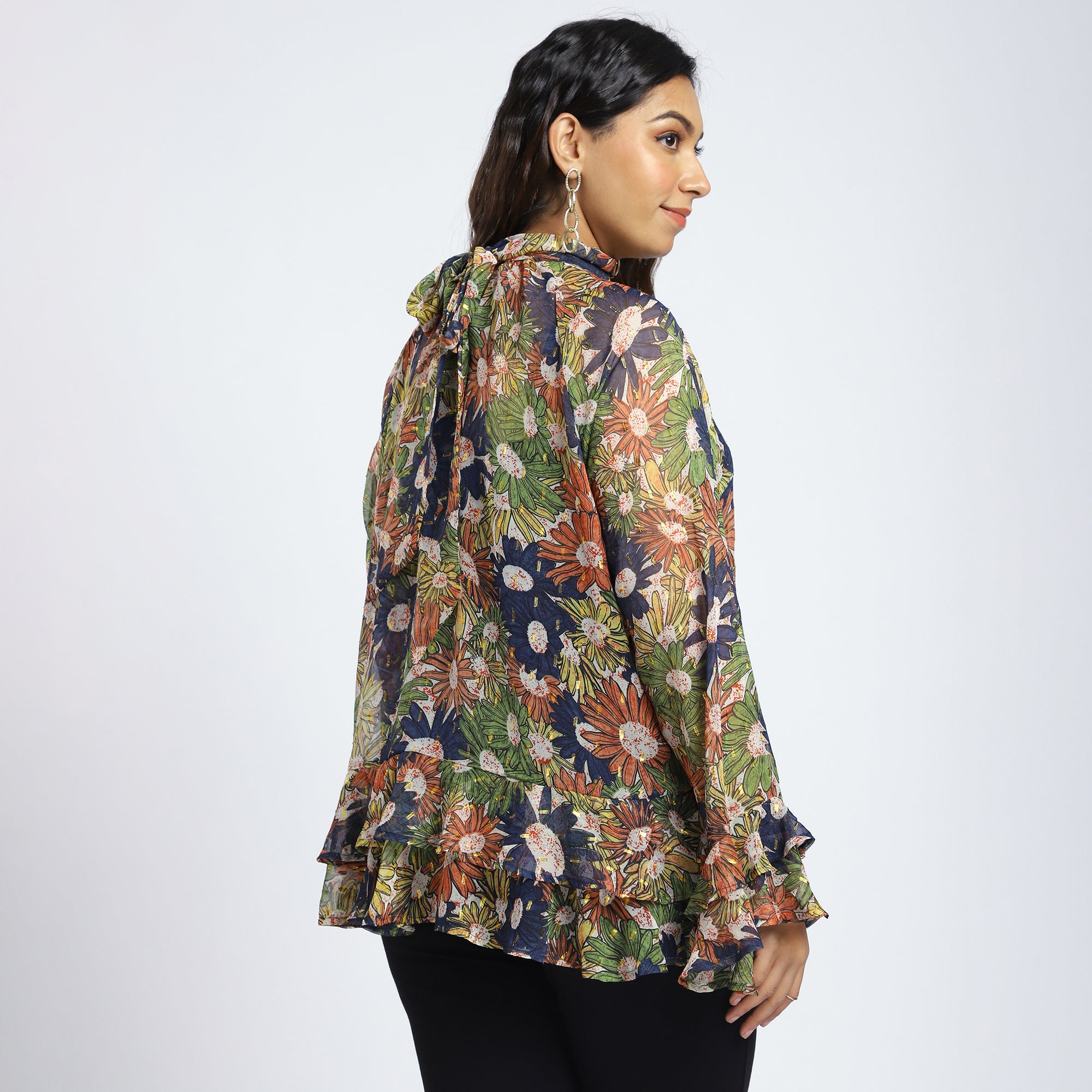 Plus Size Navy Floral Lurex Georgette Ruffle Top