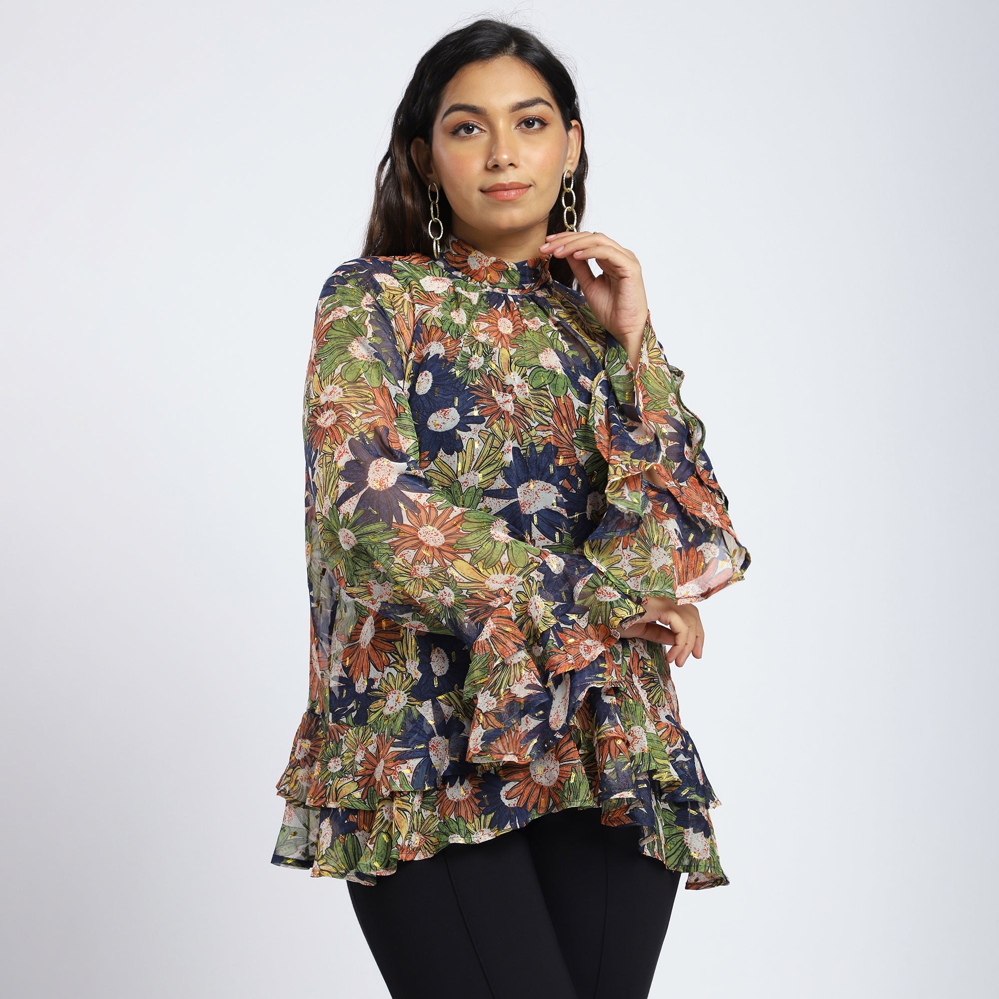 Plus Size Navy Floral Lurex Georgette Ruffle Top