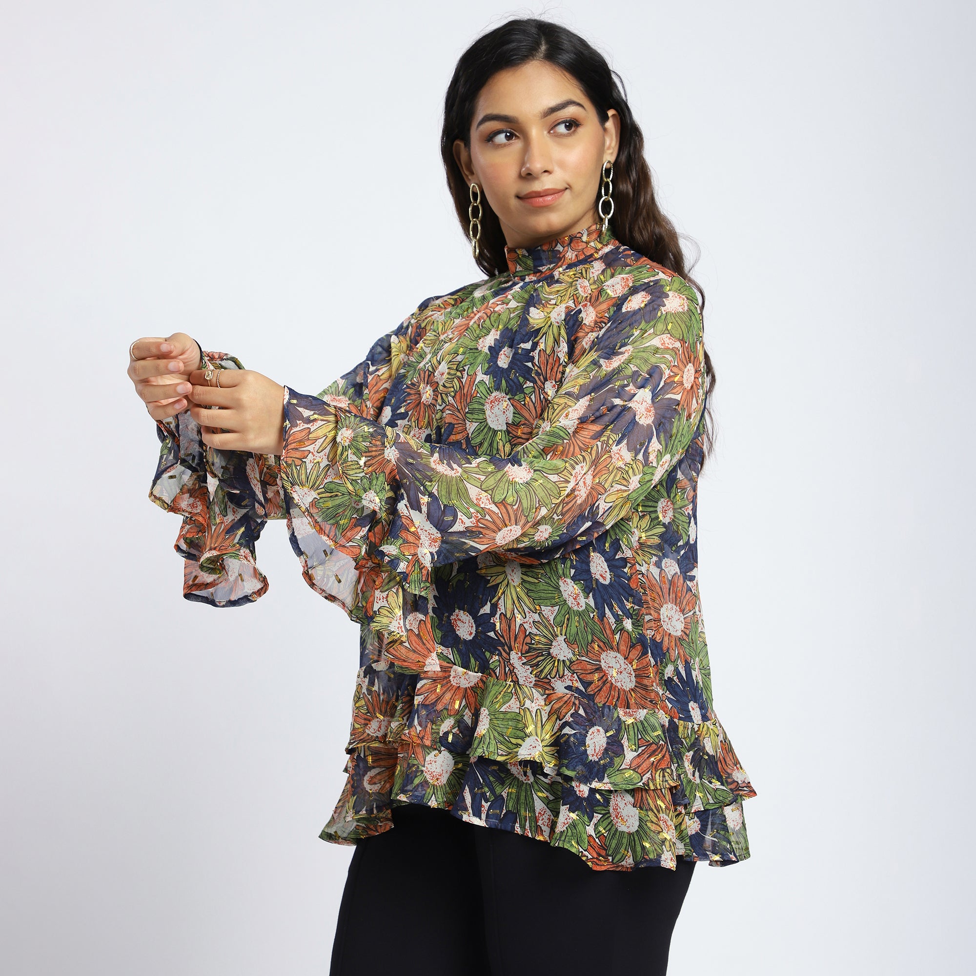 Plus Size Navy Floral Lurex Georgette Ruffle Top