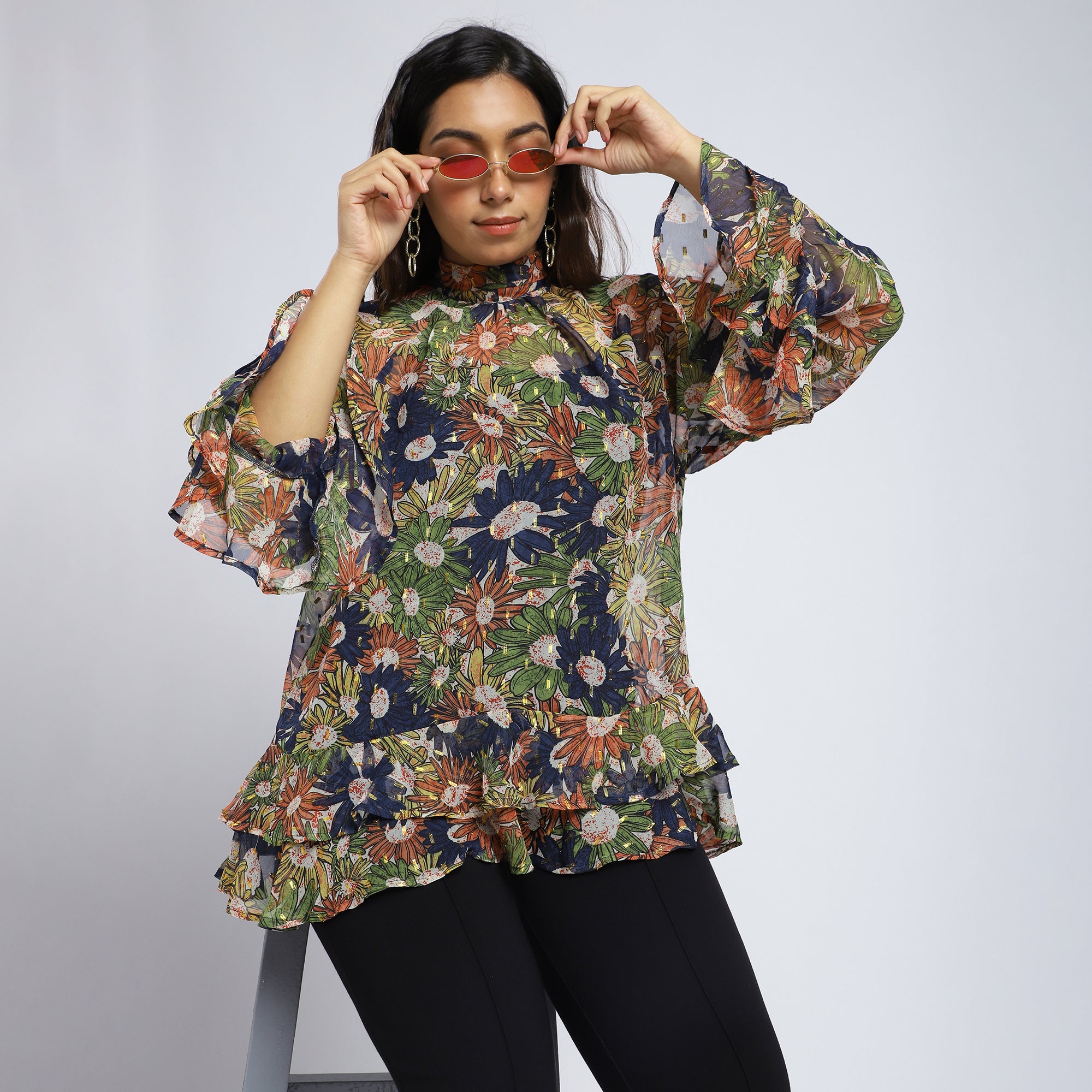Plus Size Navy Floral Lurex Georgette Ruffle Top