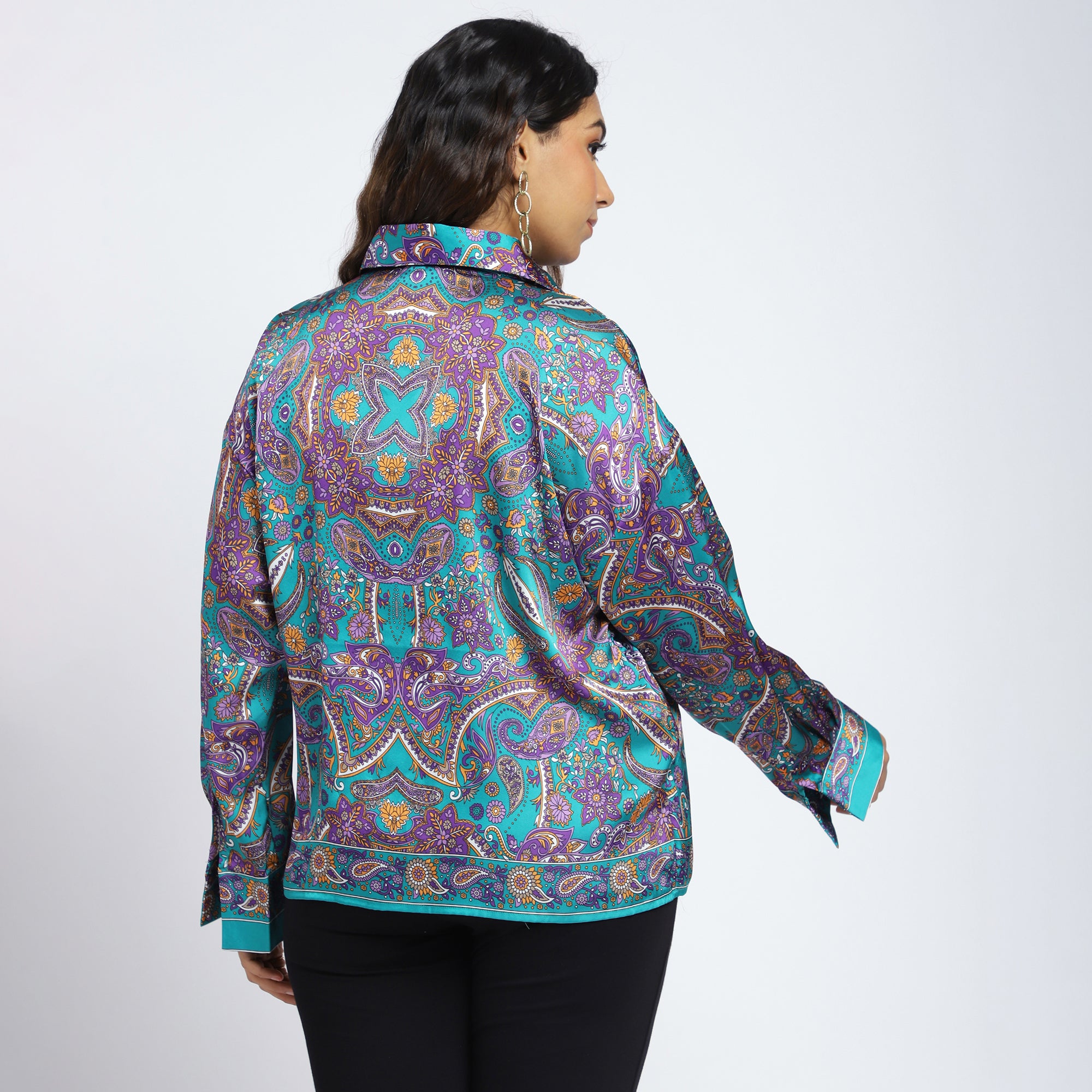 Plus Size Green Satin Scarf Print Wrap Top with Pearl Buckle