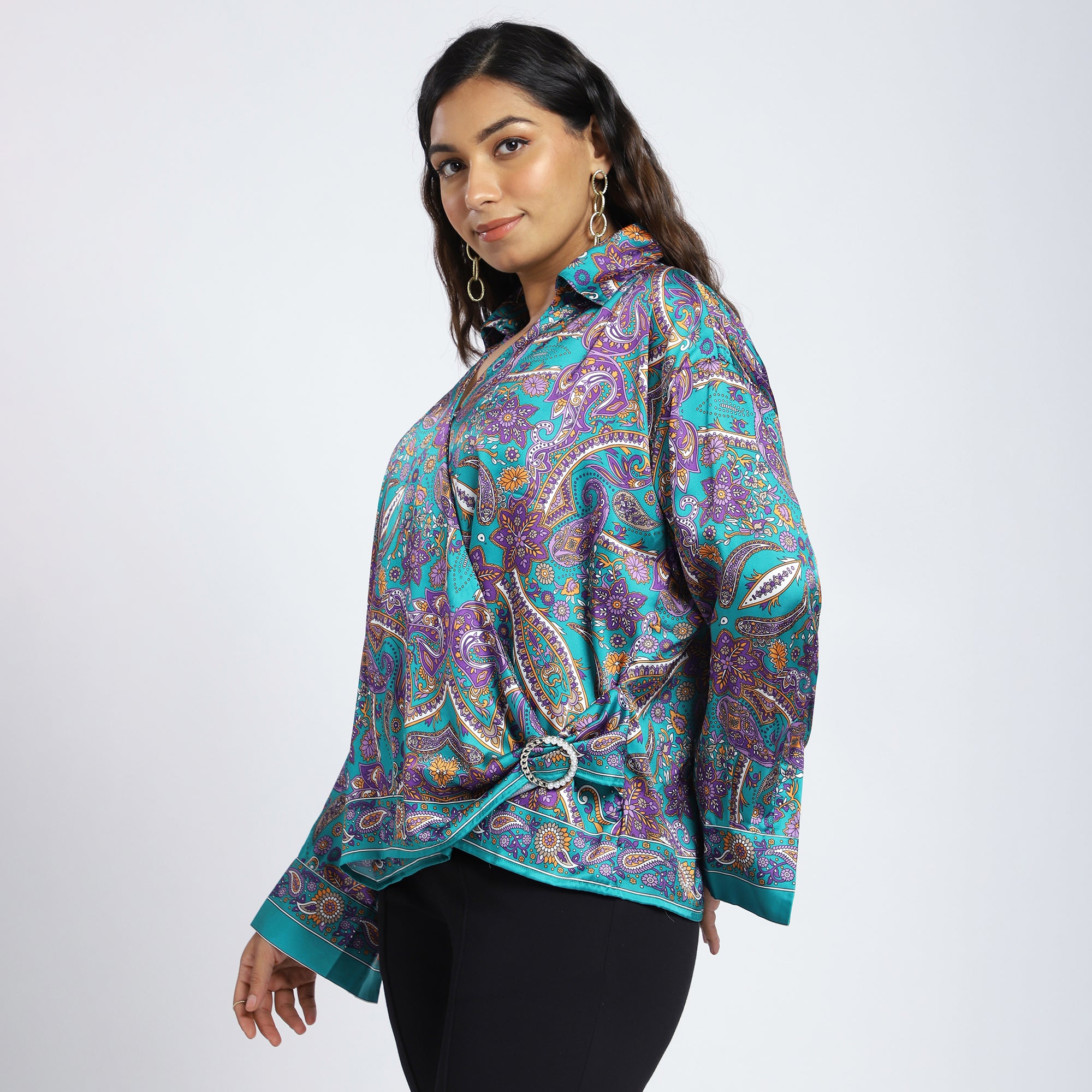 Plus Size Green Satin Scarf Print Wrap Top with Pearl Buckle