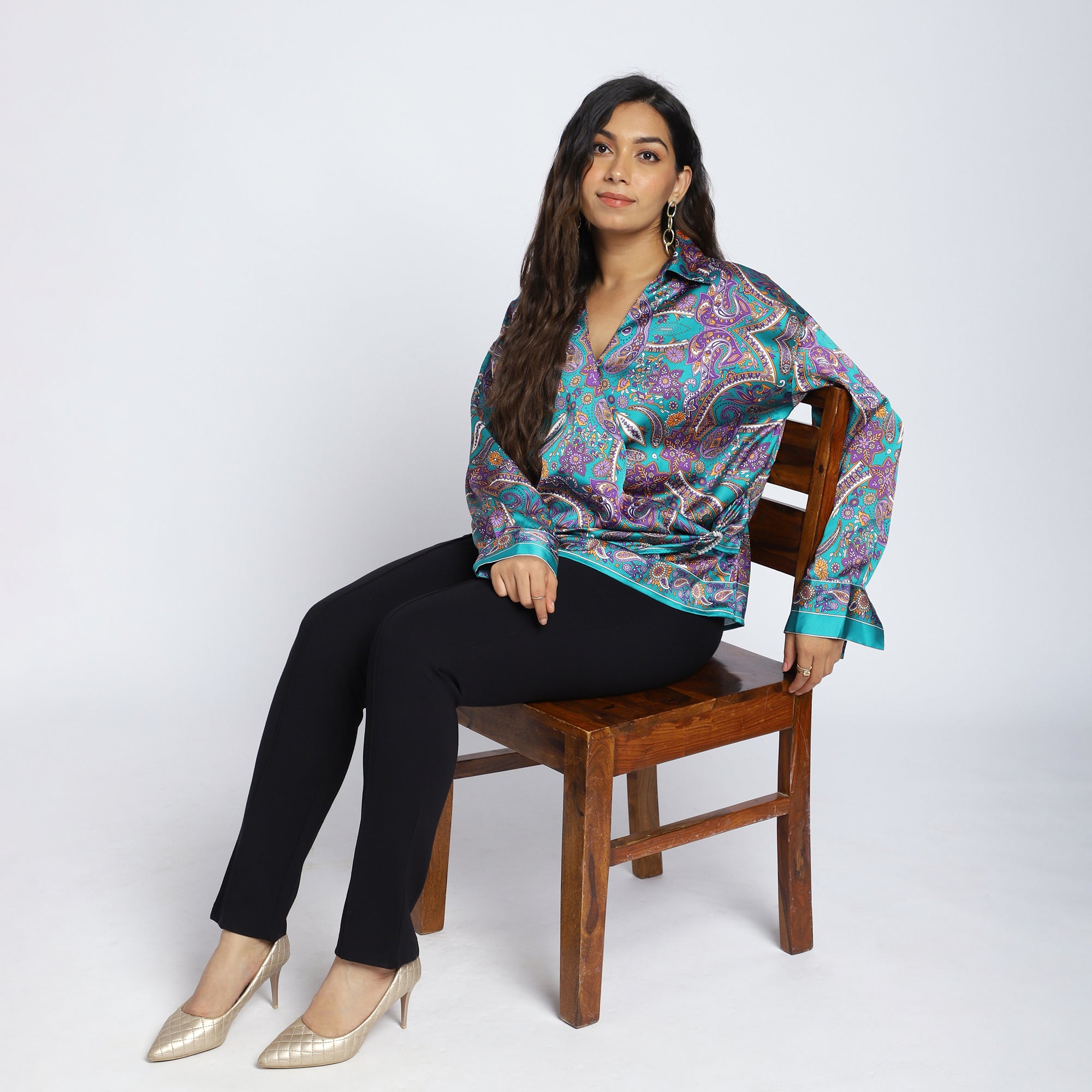 Plus Size Green Satin Scarf Print Wrap Top with Pearl Buckle