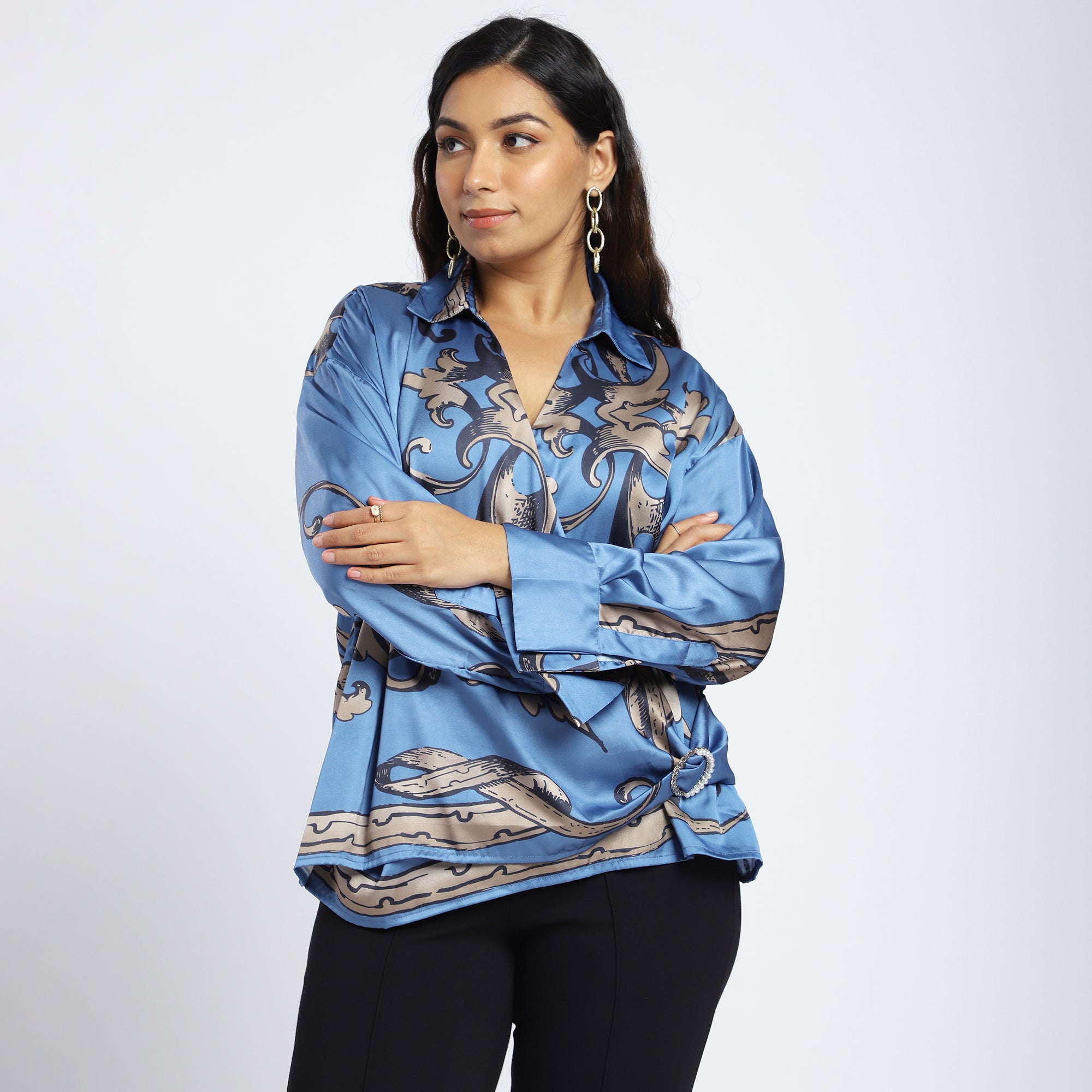 Plus Size Blue Satin Scarf Print Wrap Top with Pearl Buckle