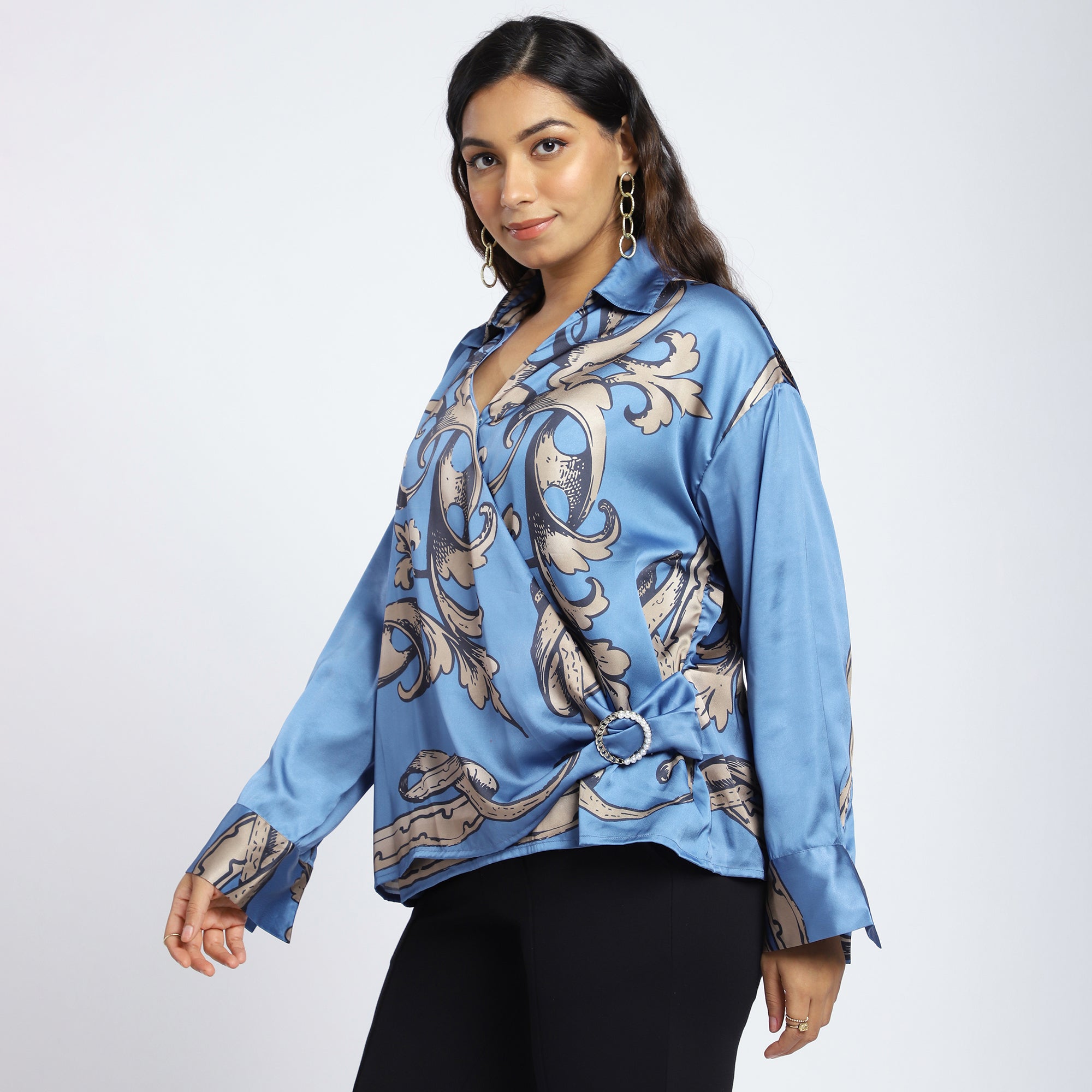 Plus Size Blue Satin Scarf Print Wrap Top with Pearl Buckle