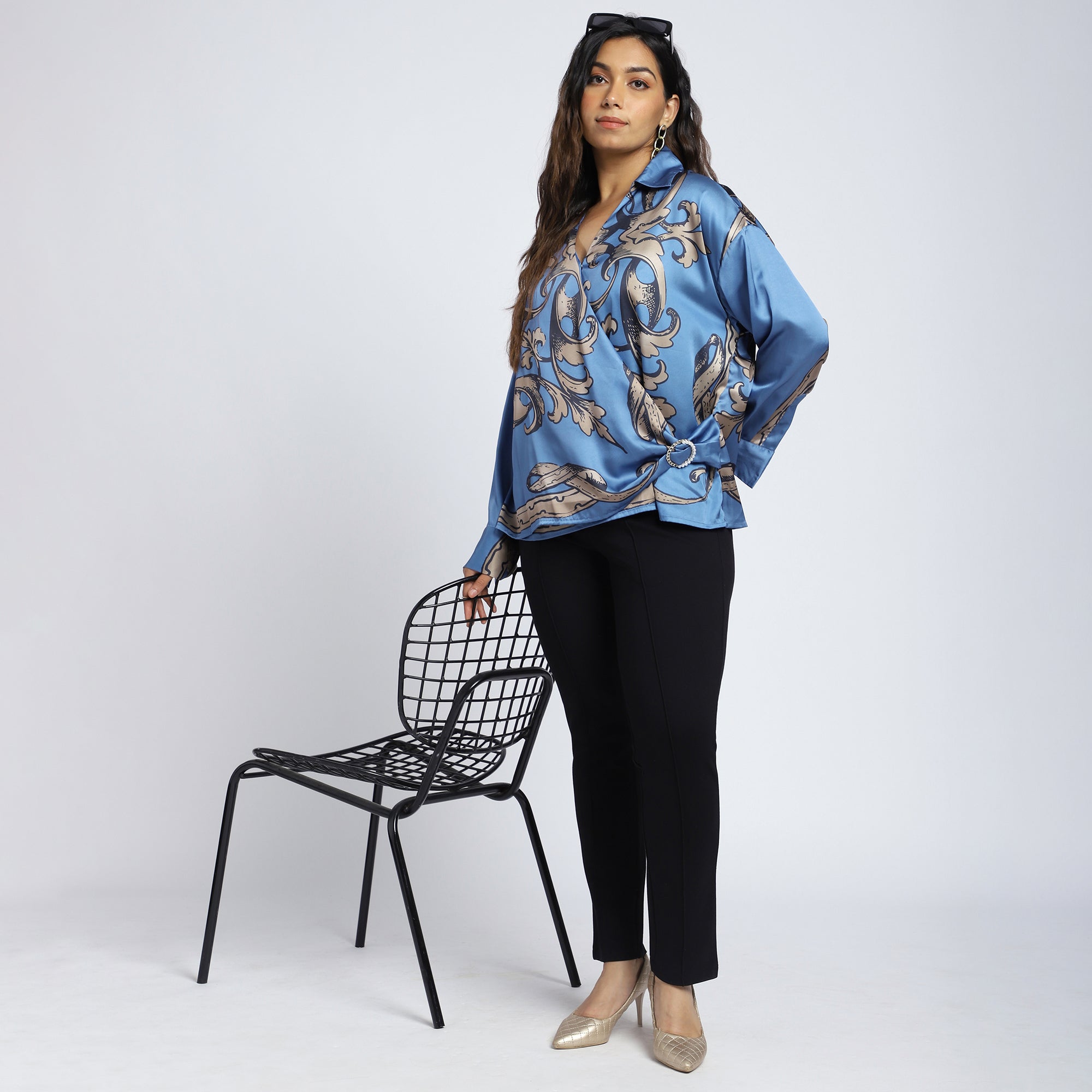Plus Size Blue Satin Scarf Print Wrap Top with Pearl Buckle