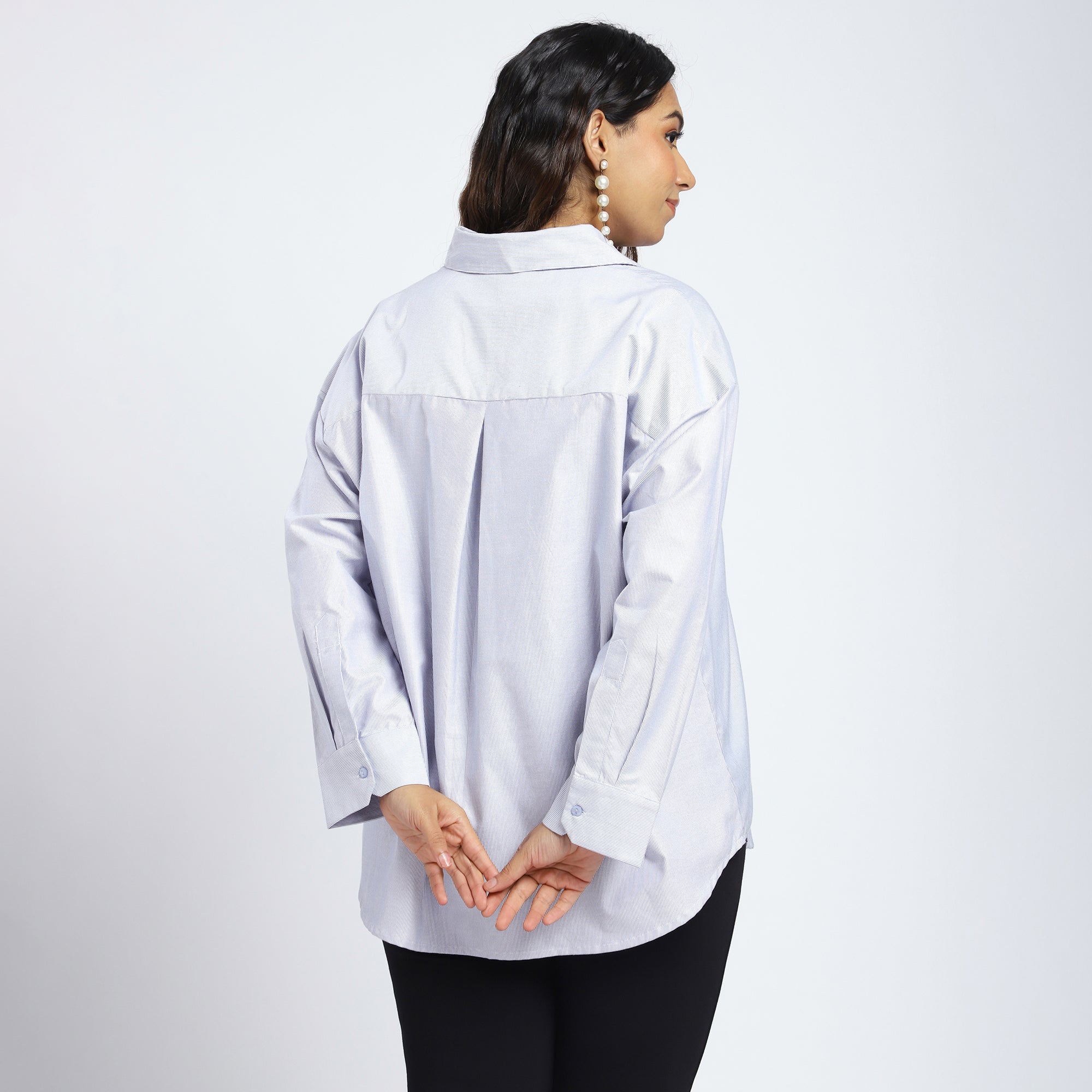 Plus Size Blue Oversized Stripe Shirt with Rhinestone Embellishment