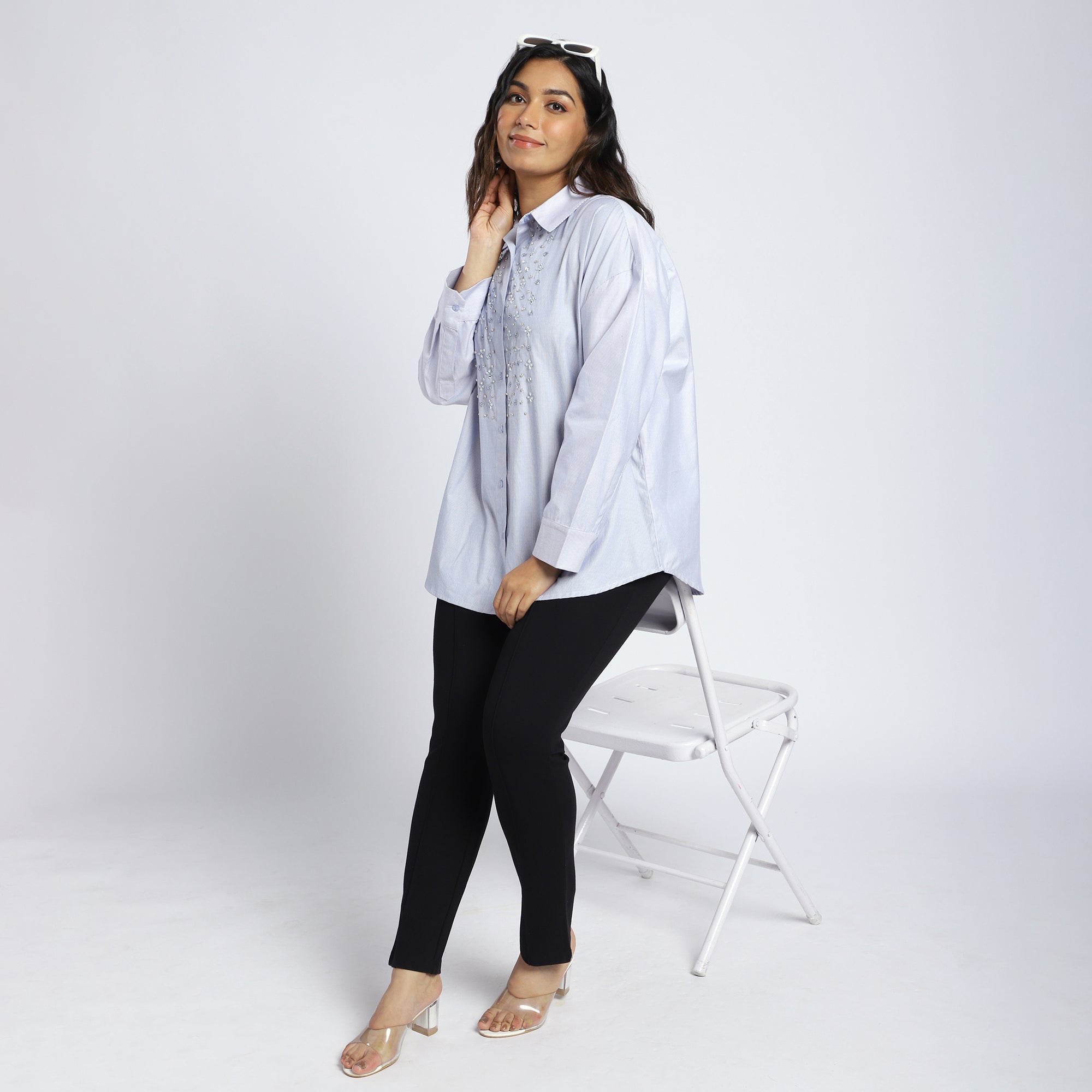Plus Size Blue Oversized Stripe Shirt with Rhinestone Embellishment